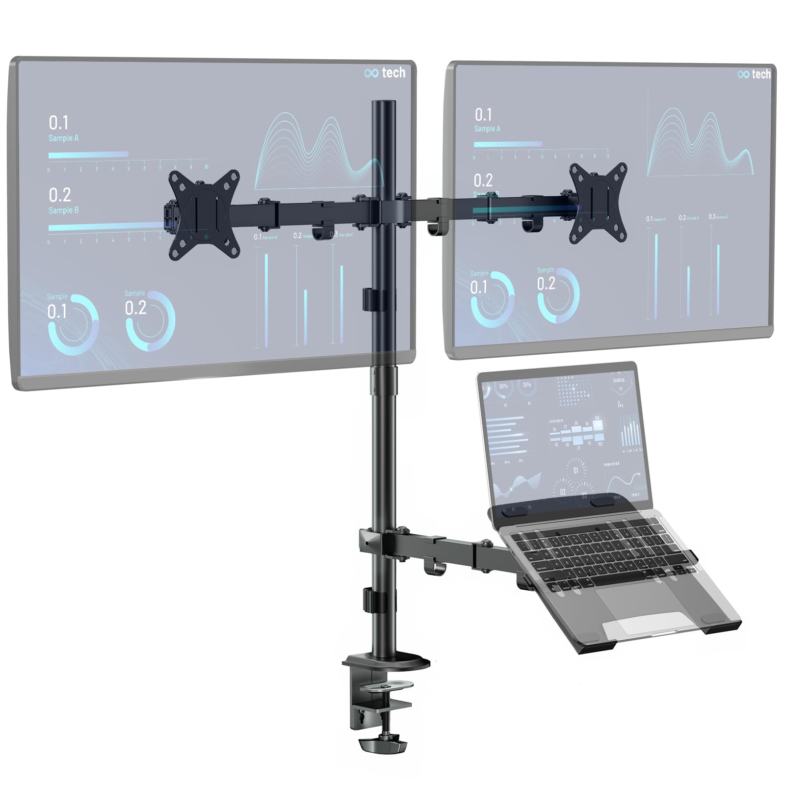 واقع Shahbaz Dual Monitor Stand و Laptop Mount به‌دو نمایشگر 17 تا 32 اینچ و لپ تاپ 10 تا 15 اینچ مناسب است، ایستگاه قابل تنظیم اضافی بلند، ظرفیت وزن 19.8 پوند در هر بازو، رنگ سیاه