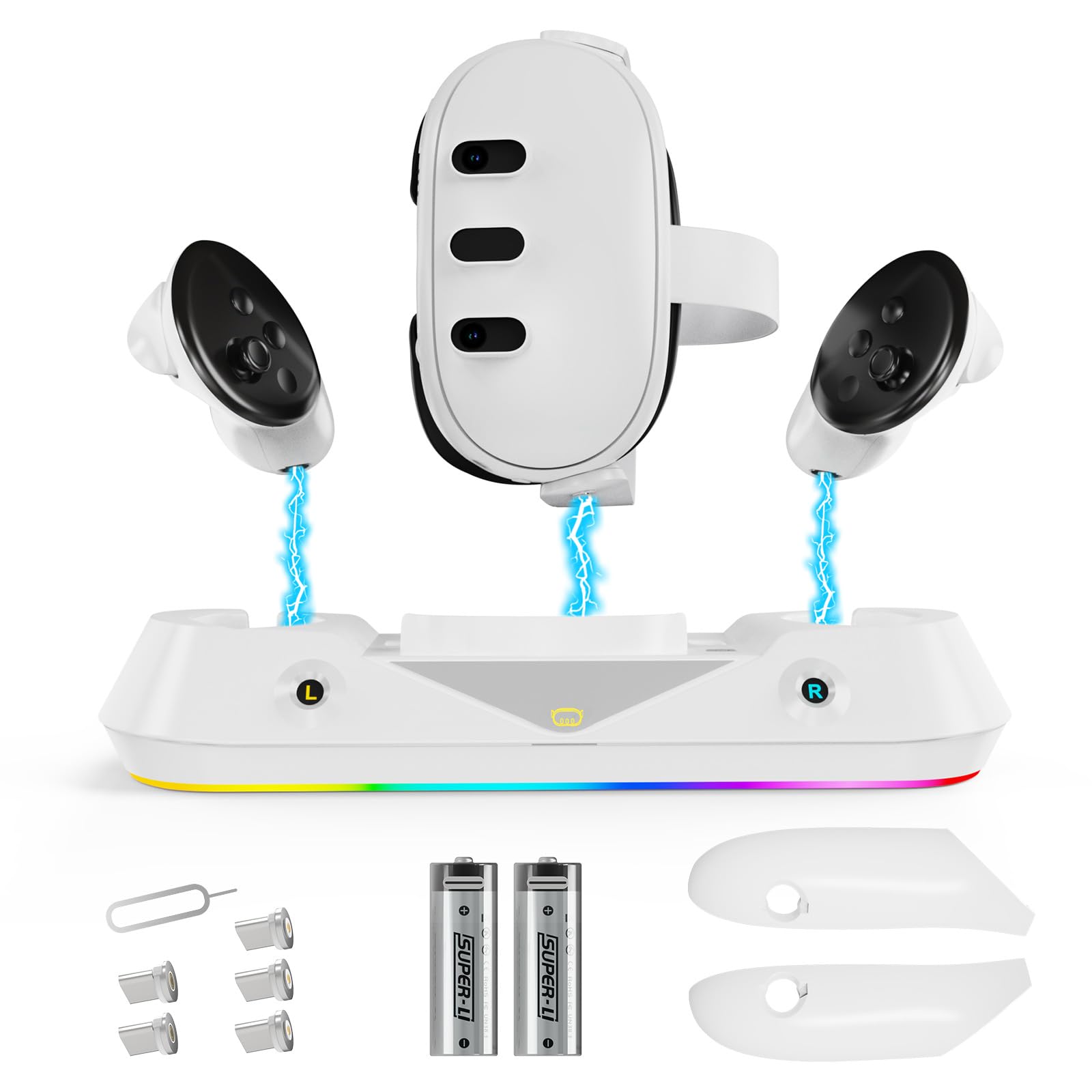 استیشن شارژ سریع MAKINGTEC سازگار با متا کوئست 3، ایستگاه شارژ مغناطیسی با نور RGB، 2 باتری قابل شارژ برای هدست اکولوس کوئست 3 و کنترلرهای لمسی