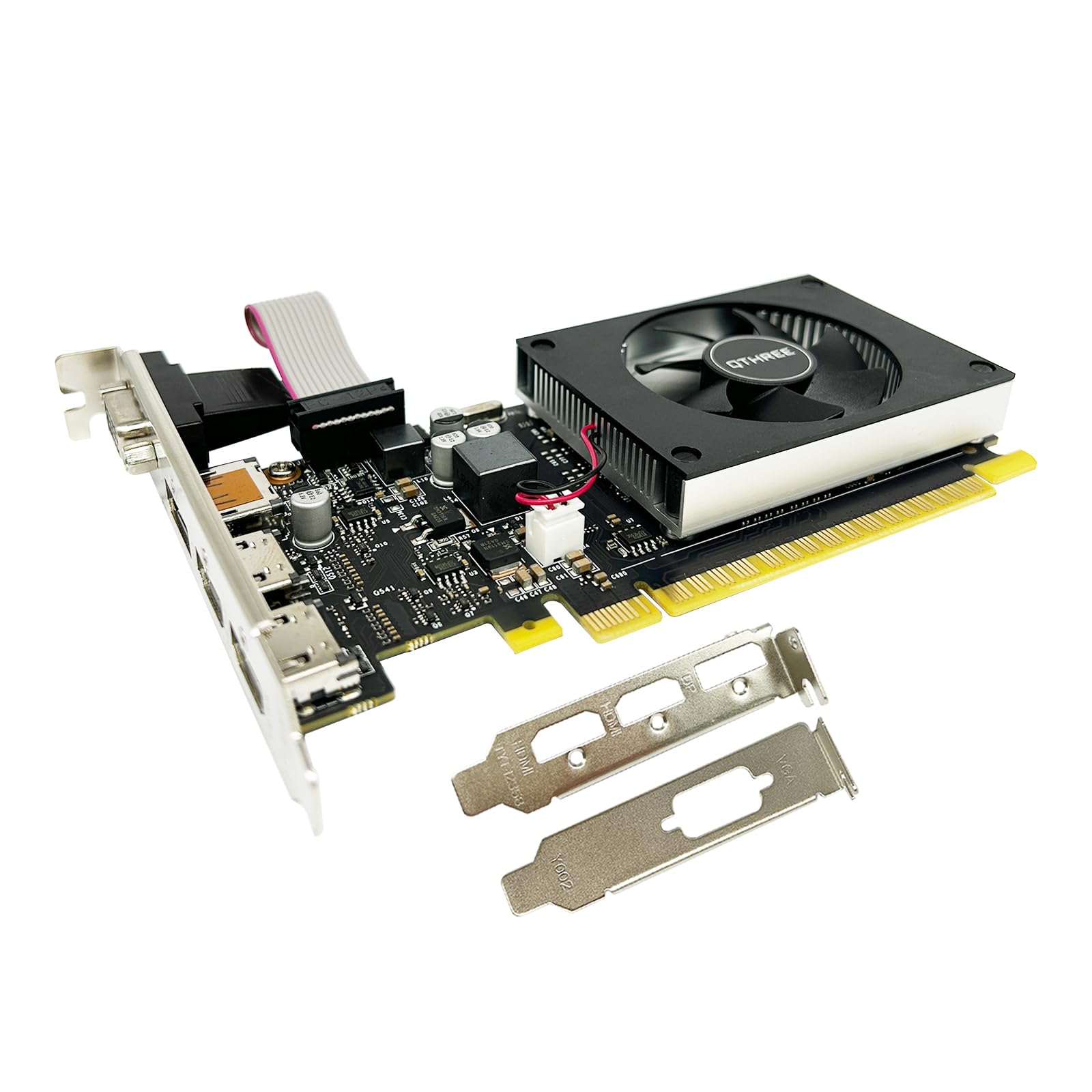 کارت گرافیک QTHREE GT 730، ۴ گیگابایت، ۶۴ بیتی، DDR3، ۲× HDMI، VGA، DP؛ کارت ویدیو برای کامپیوتر و بازی (GPU)، رابط PCIe x8 نسخه 2.0، پشتیبانی از ۴ مانیتور، سازگار با ویندوز 11، نسخه Low Profile GT 730 4G با ۴ پورت