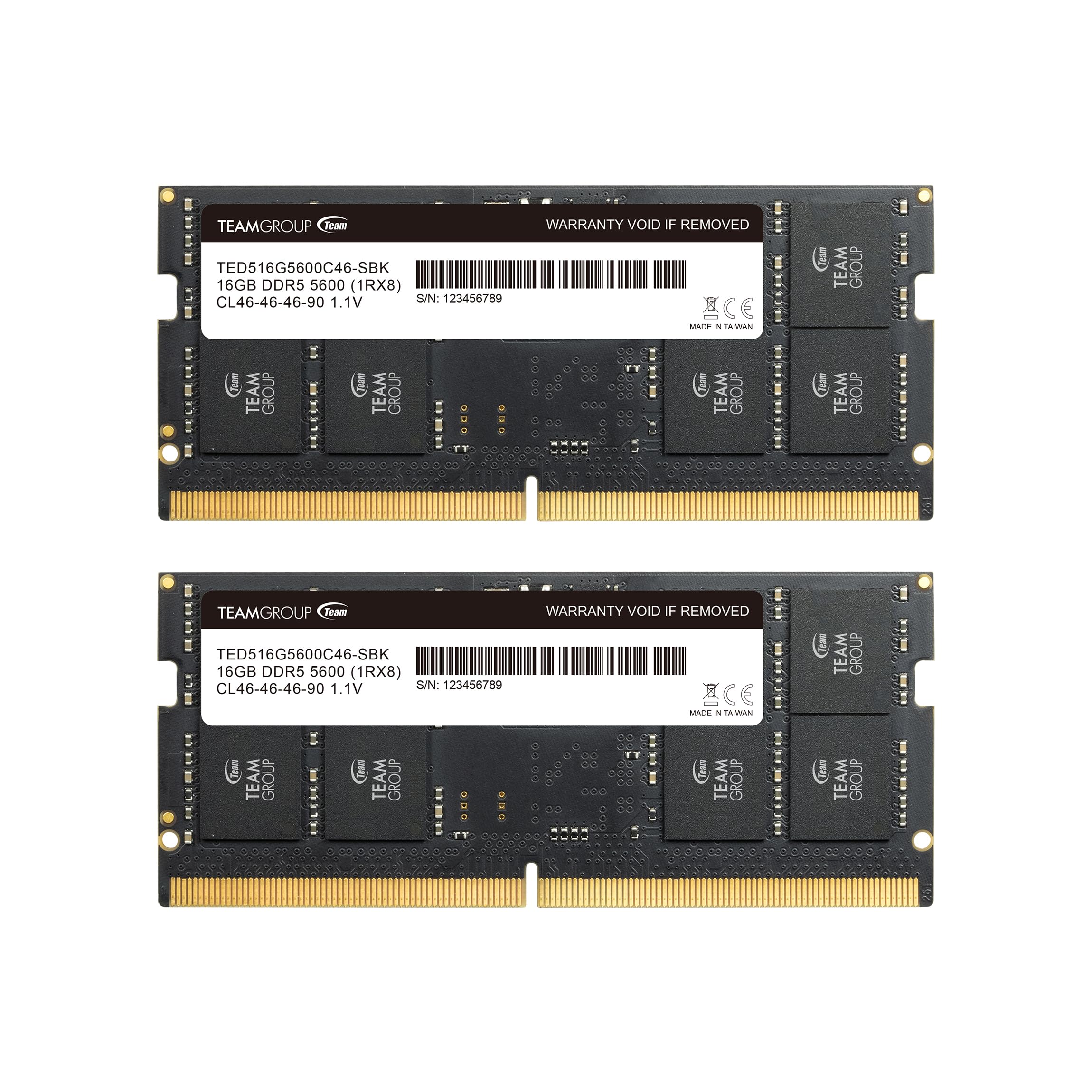ترجمه: ماژول حافظه لپ تاپ TEAMGROUP Elite SODIMM DDR5 32 گیگابایت (16x2 گیگابایت) با فرکانس 5600 مگاهرتز (PC5-44800) CL46، ‌غیر-ECC، غیر-تحریک‌شده، ولتاژ 1.1 ولت، 262 پین - TED532G5600C46ADC-S01 32GB کیت (2x16GB) 5600 CL46-45-45-90 کانال دوتایی