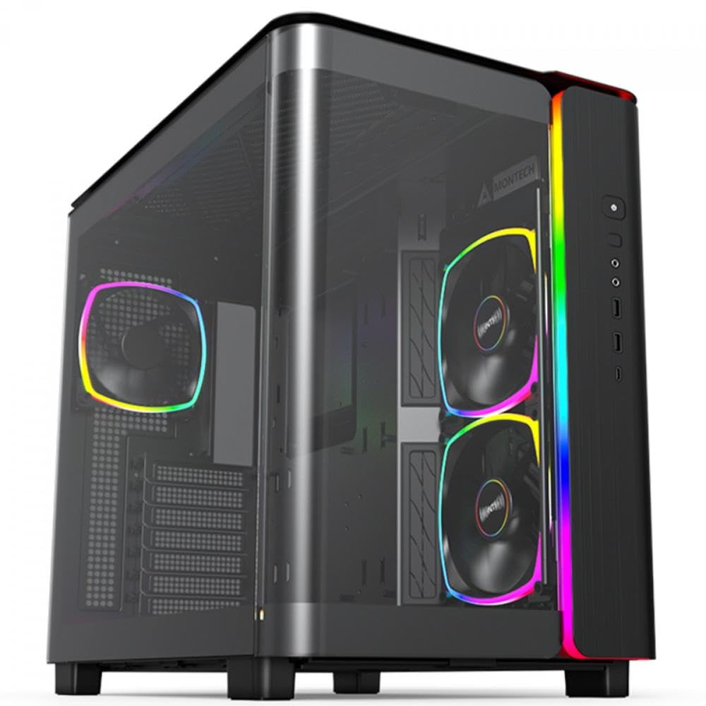 کیس بازی کامپیوتری MONTECH King 95 PRO Dual-Chamber ATX Mid-Tower، با HIGH-AIRFLOW، پانل‌های بدون ابزار، جلوی شیشه‌ای منحنی مقاوم، 6 فن ARGB PWM نصب‌شده همراه با هاب فن، رنگ مشکی KING 95 PRO.