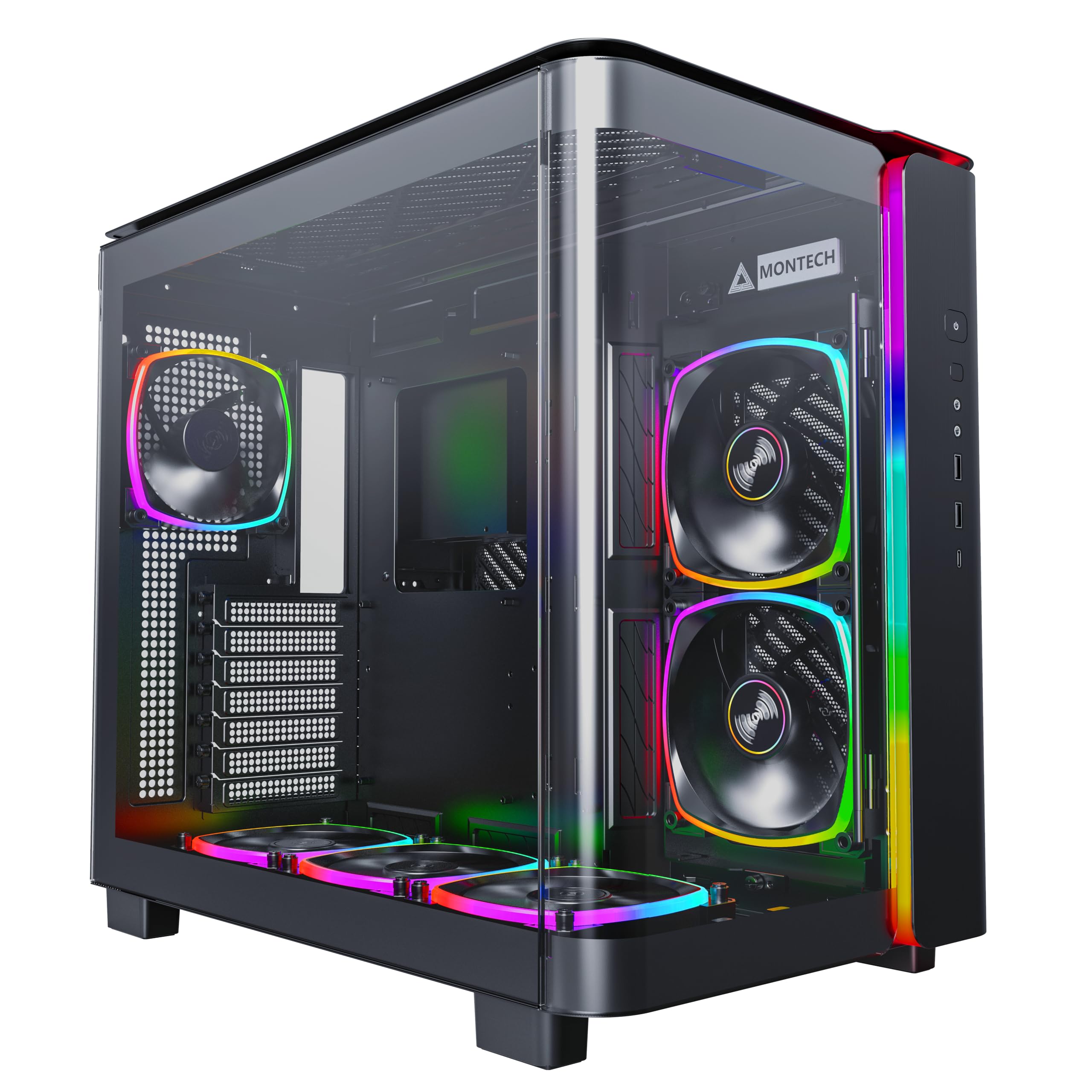 MONTECH King 95 PRO Dual-Chamber ATX Mid-Tower PC Gaming Case, High-Airflow, Toolless Panels, Sturdy Curved Tempered Glass Front, 6 ARGB PWM Fan Pre-Installed with Fan Hub, Black KING 95 PRO black

کیس بازی کامپیوتری MONTECH King 95 PRO با دو بخش داخلی، ابعاد متوسط ATX، سهولت در تهویه هوا بالا، پنل‌های بدون نیاز به ابزار، جلوی شیشه‌ای تمپر کمیاب با منحنی محکم، 6 فن ARGB PWM پیش‌فرستاده شده با هاب فن، رنگ مشکی KING 95 PRO