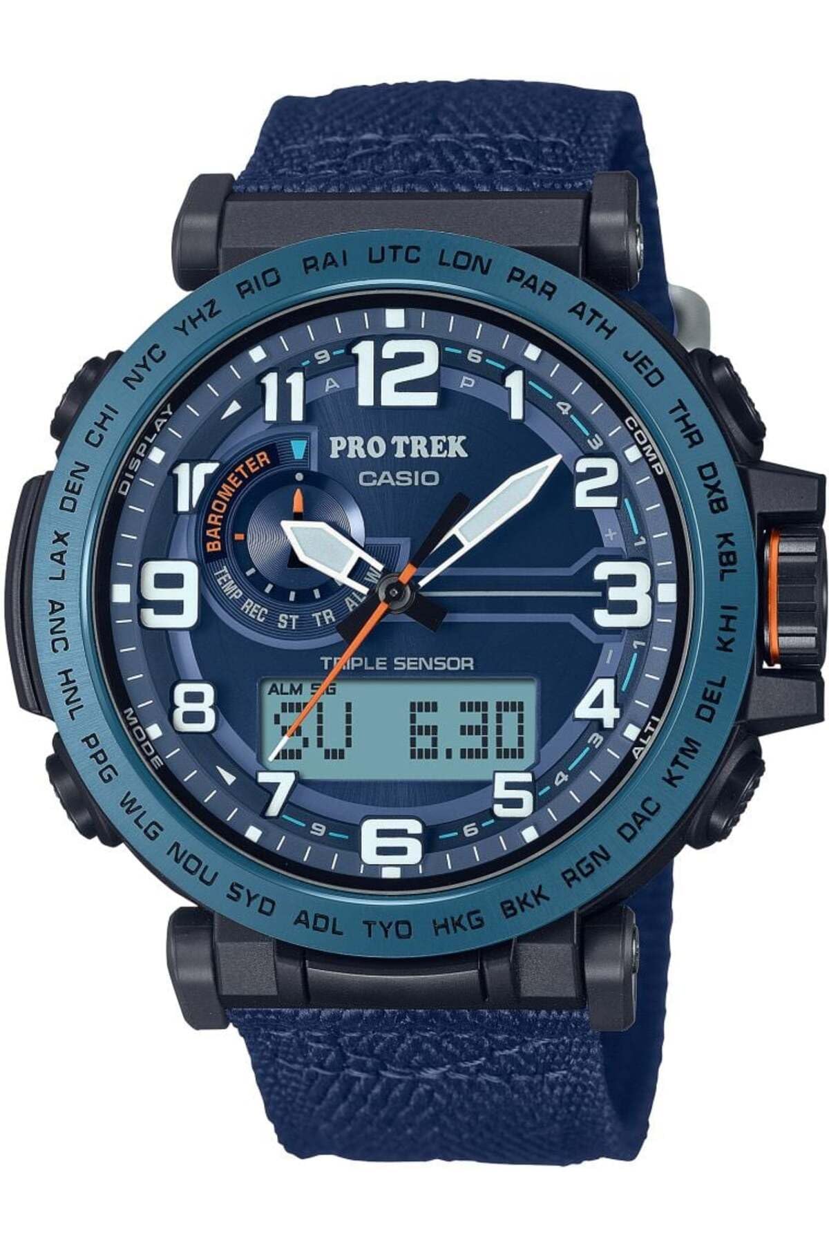 مژده., ساعت مردانه کاسیو PRO TREK با سنسور سه‌گانه دیجیتال آنالوگ، با طراحی آبی و بند پارچه‌ای PRG-601YB-2DR