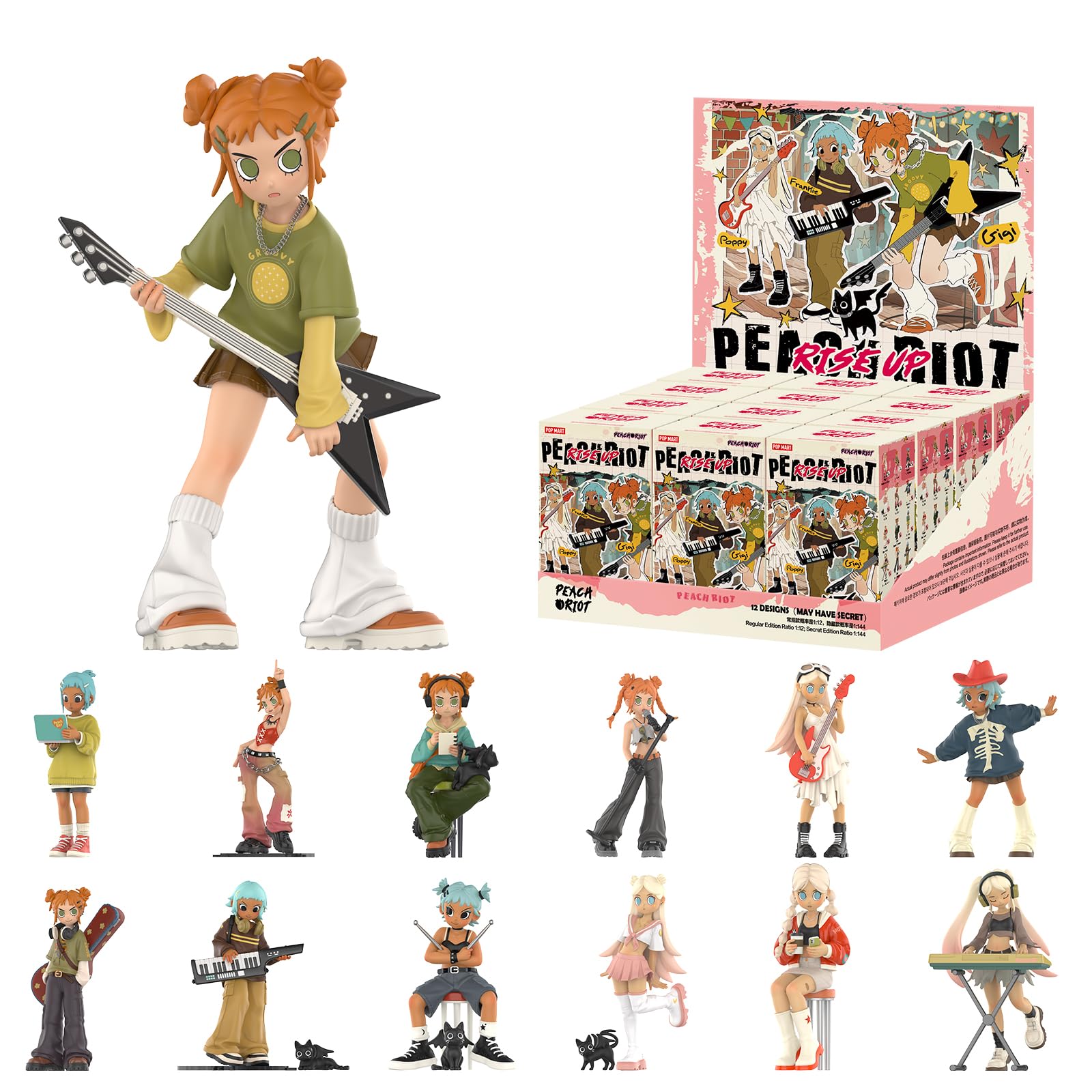 مجموعه اشکال  POP MART Peach Riot Rise Up Series، 12 عدد از اشکال تصادفی Peach Riot Blind Box، اشکال طراحی تصادفی، اسباب بازی‌های قابل جمع‌آوری فعال، تزئینات خانه، هدایای تولد و جشن برای پسران و دختران، مجموعه کامل Peach Riot Rise Up Whole Set