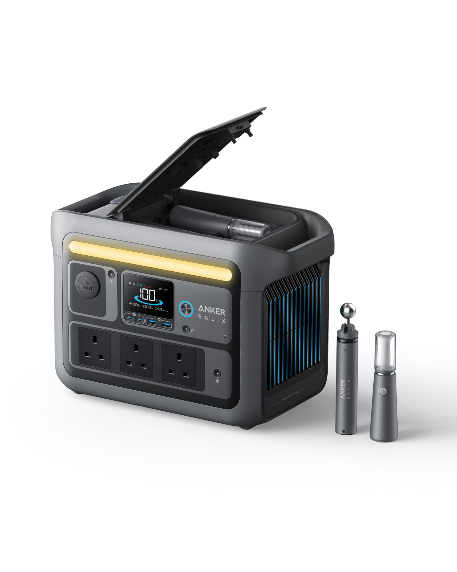 ایستگاه تغذیه قابل حمل Anker SOLIX C800 Plus، ژنراتور خورشیدی 1200 وات (حداکثر 1600 وات) با چراغ‌های کمپینگ، باتری LiFePO4 768Wh برای کمپینگ خارجی، خودروهای تاکسی، سفر جاده‌ای، قطع بوق‌های برق (پنل خورشیدی اختیاری)