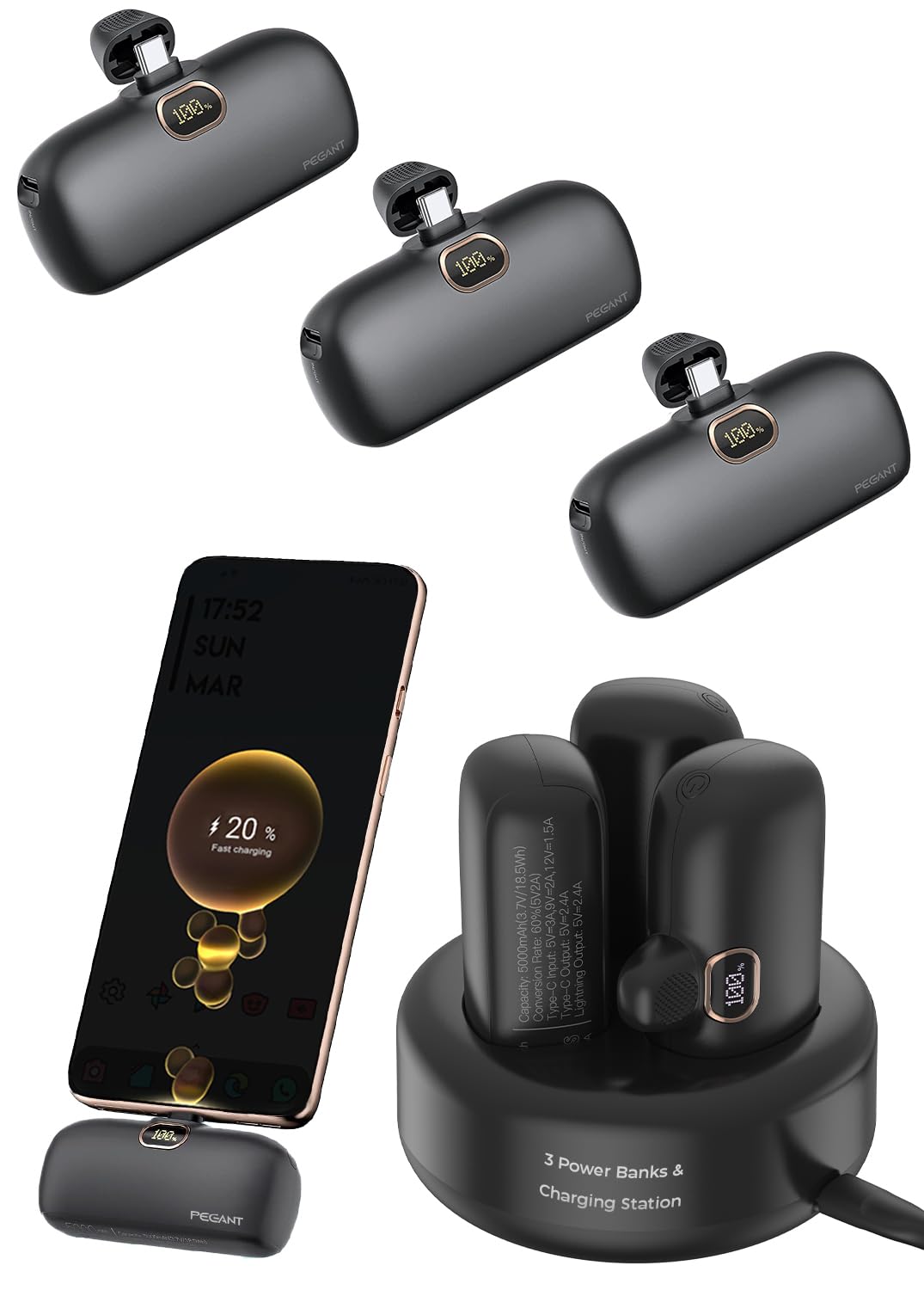 پاور بانک PEGANT 5000mAh، 3 عدد پاوربانک کوچک با ایستگاه شارژ، شارژر سریع USB C برای مسافرت، کیت شارژر قابل حمل، باتری خارجی پشتیبان، 20 وات PD3.0 18 وات QC3.0، سازگار با آیفون 15 3 نوع سی با استیشن
