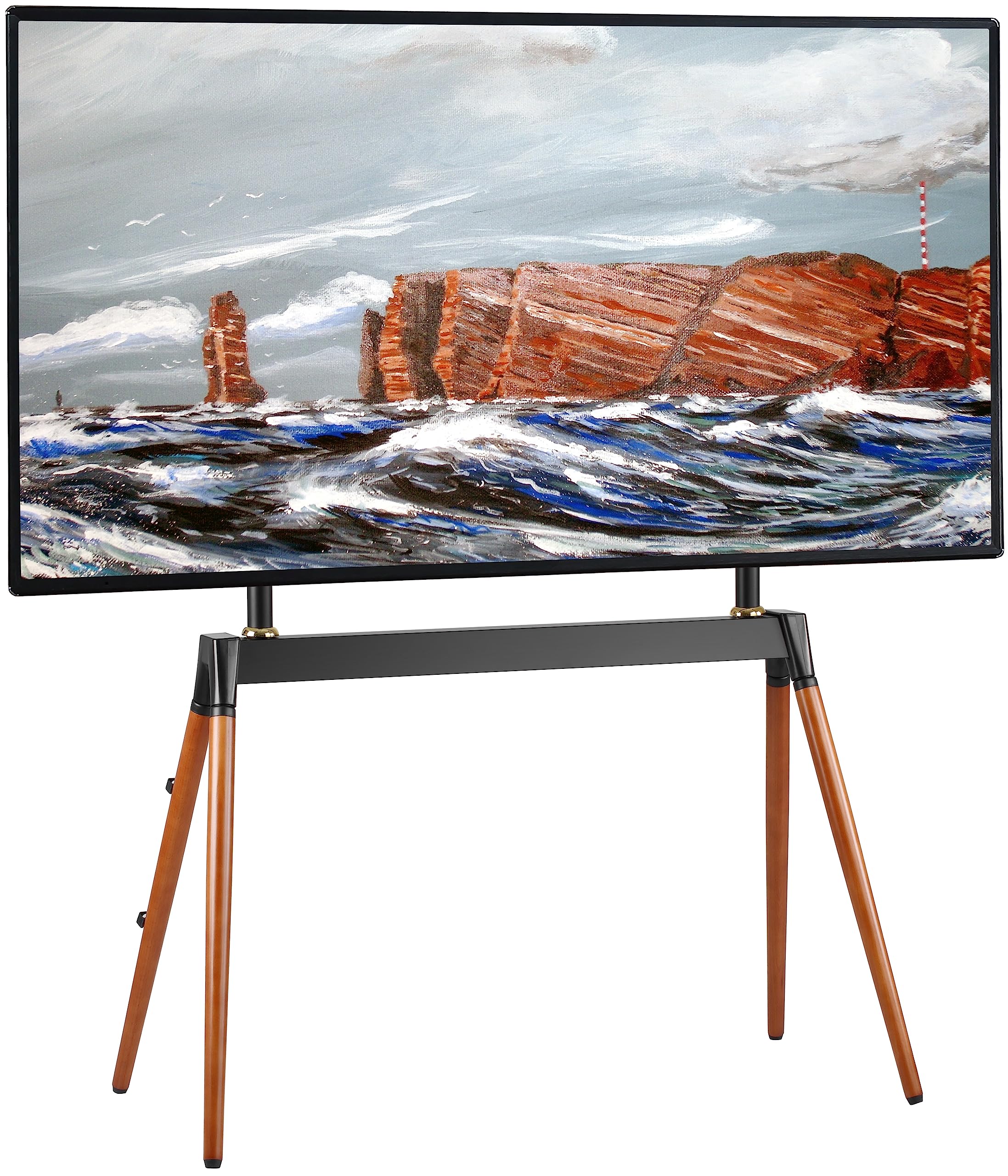 میز تلویزیون Fydeamer Easel ، میز تلویزیون نوار مدرن ، میز تلویزیون گوشه‌ای هنری برای صفحه‌های LED LCD OLED 55-86 اینچی ، قابل تنظیم ارتفاع ، میز نمایش استودیو با 4 پایه برای اتاق خواب ، اتاق نشیمن (سیاه) حدود چهار پاست.