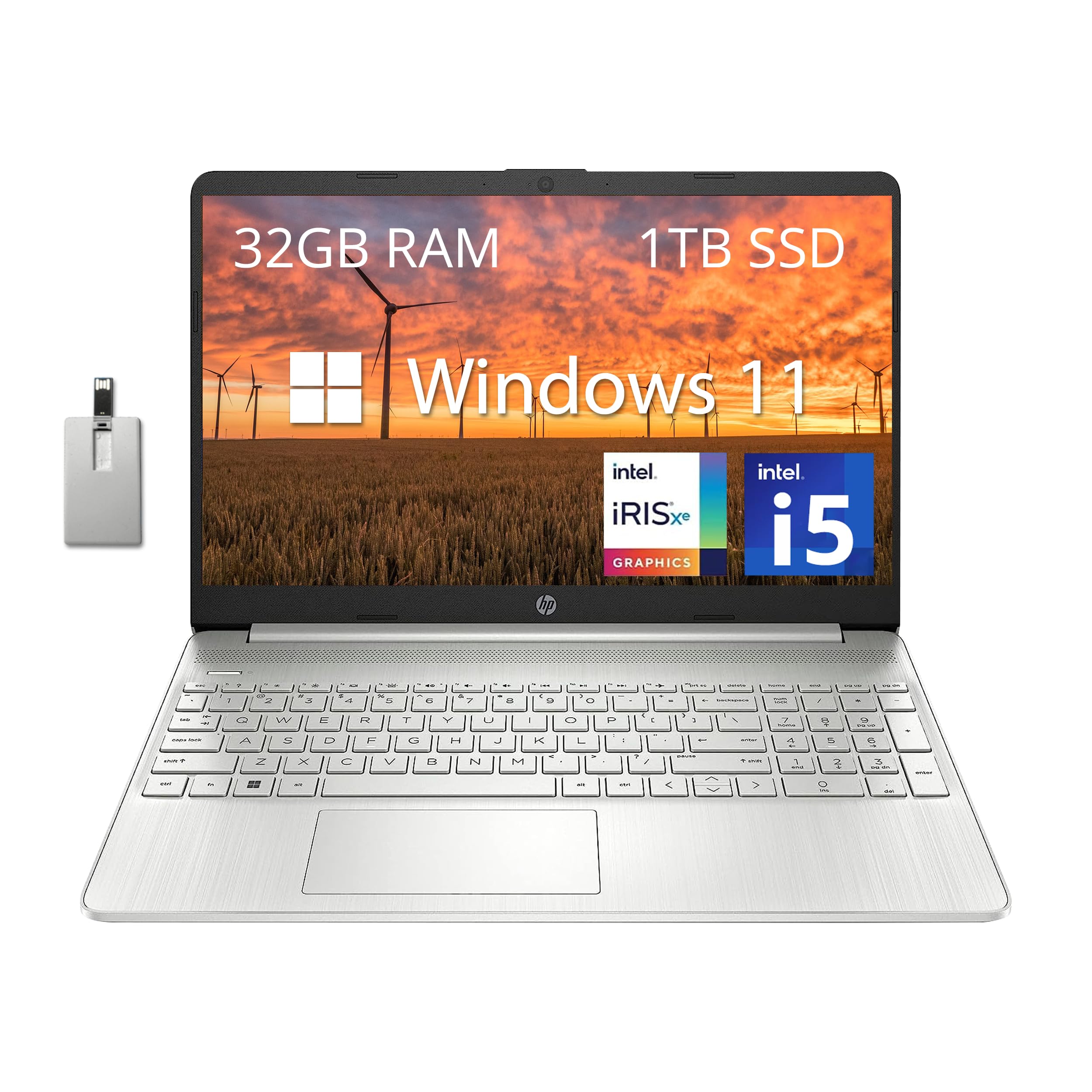 لپ تاپ HP 15.6 اینچ با کیفیت تصویر Full HD، پردازنده Intel i5-1135G7، 32 گیگابایت رم DDR4، 1 ترابایت حافظه از نوع PCIe SSD، گرافیک Intel Iris Xe، وب کم با کیفیت تصویر HD، اسپیکر های استریو، ویندوز 11، رنگ نقره ای، کارت USB 32 گیگابایت