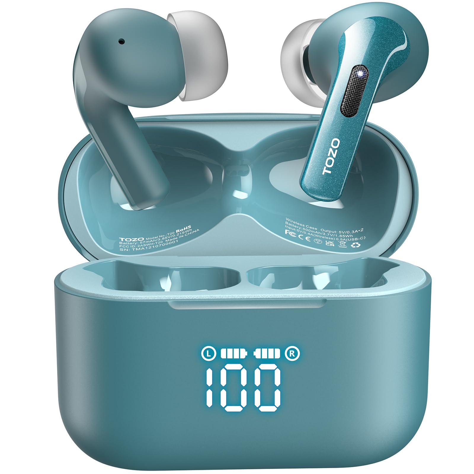 TOZO T20 هدفون بلوتوث بی‌سیم 48.5 ساعت پخش با نمایشگر دیجیتال LED، ضدآب IPX8، کنسل‌کردن نویز تماس دوگانه میکروفون، بلندگوهای 10 میلیمتری با دامنه گسترده و کیف شارژ بی‌سیم سبز
