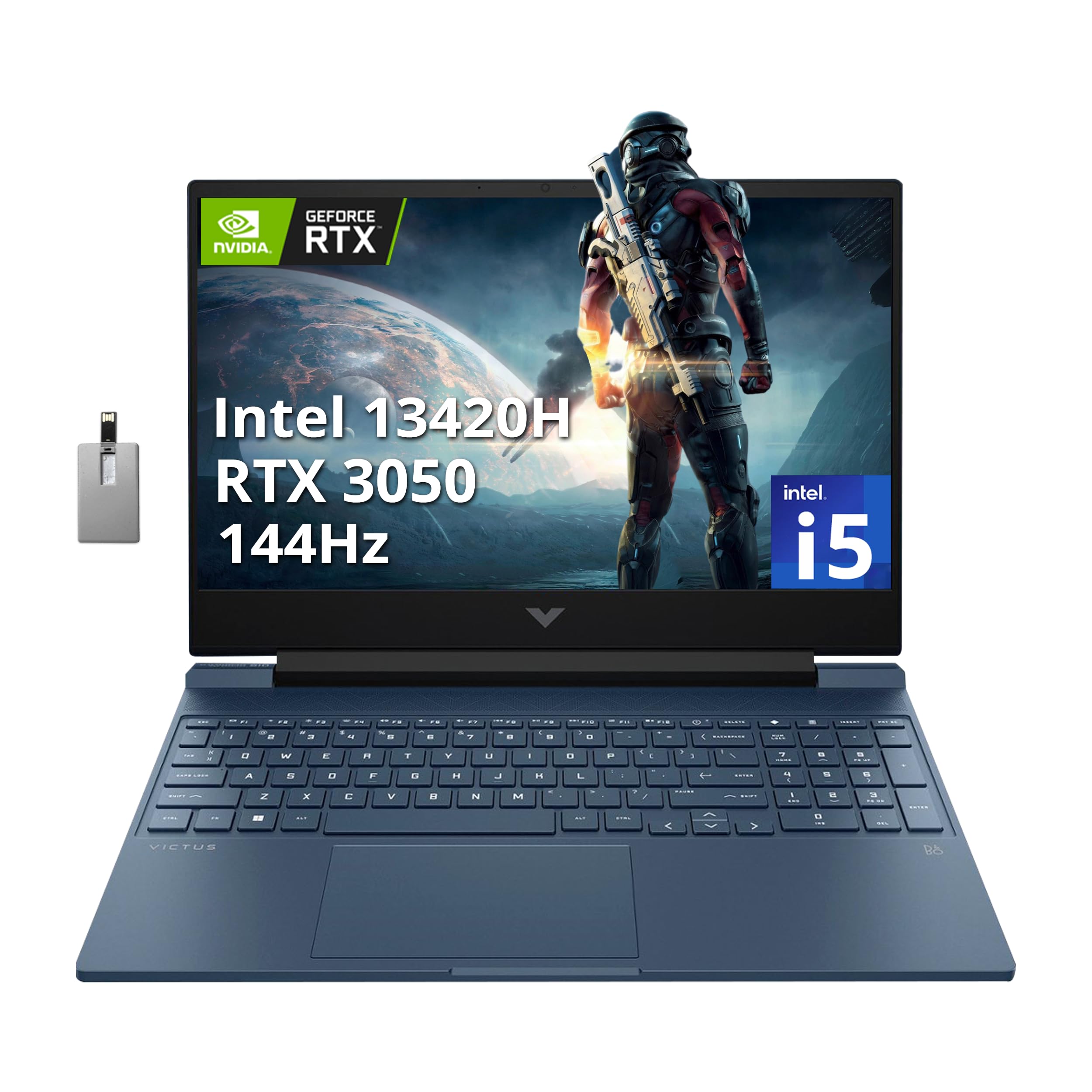 لپ تاپ بازی ۱۵.۶ اینچی 144Hz FHD HP Victus، پردازنده Intel i5-13420H، ۶۴GB رم، ۲TB SSD PCIe، NVIDIA GeForce RTX 3050، صفحه کلید بک لایت، وبکم HD، ویندوز ۱۱، آبی، کارت حافظه ۳۲GB Hotface USB