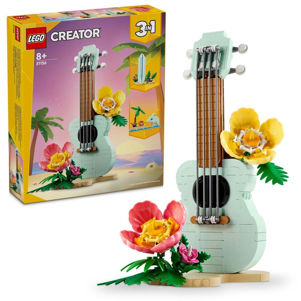 مجسمه سازی اسباب بازی 3 در 1 سازنده LEGO سفر استوایی ukulele به ابزار سطح موج کوچک به مدل دلفین، مجموعه اسباب بازی های اقیانوس برای دختران، پسران و کودکان بالای 8 ساله، ایده هدیه ماه رمضان برای کودکان 31156