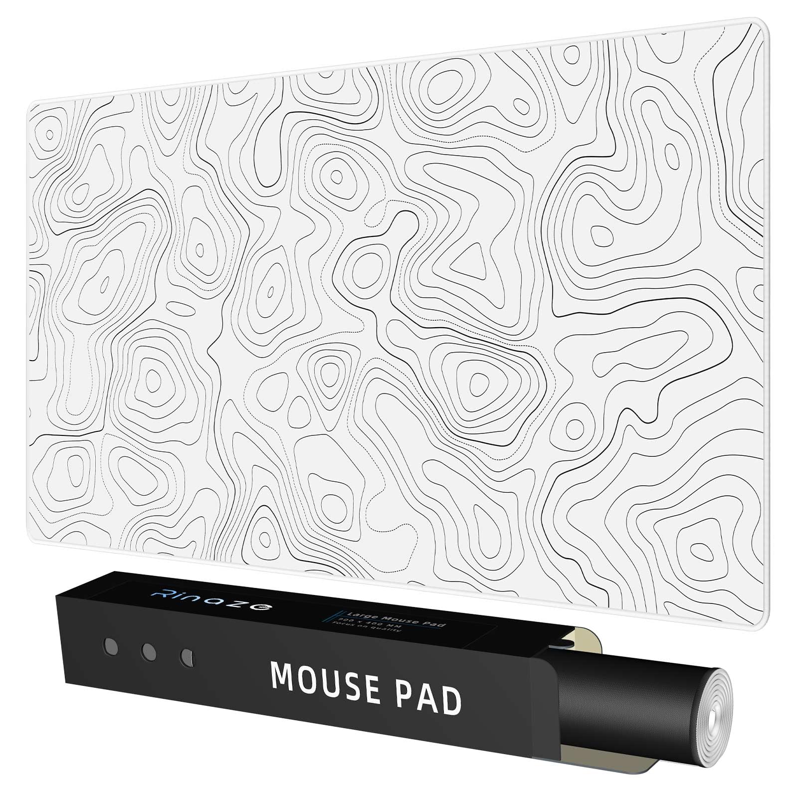 Rinaze Extra Large Gaming Mouse Pad with White Topographic, XXL Mousepad, Big Mouse Mat Desk Pad, Non Slip Keyboard Pad for Gaming Computer Laptop PC Office Desk Accessories