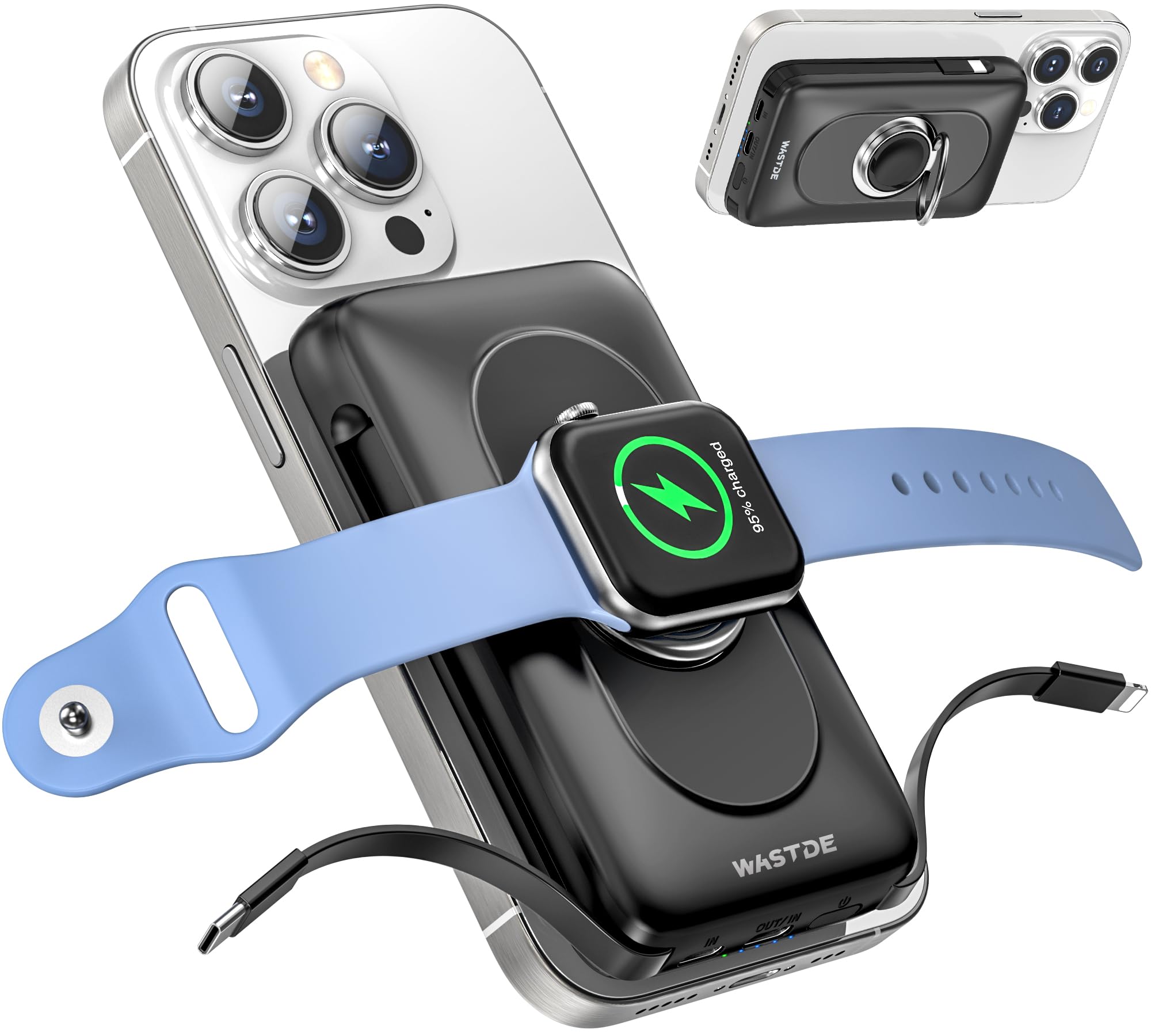پاور بانک 10000 میلی‌آمپر WASTDE با شارژر iWatch، پاور بانک مگ-سیف 20 وات USB C شارژ سریع با دو کابل داخلی، شارژر قابل حمل برای اپل واچ Ultra 9/8/7/6/SE، آیفون سری 16/15/14/13/12 - مدل سیاه