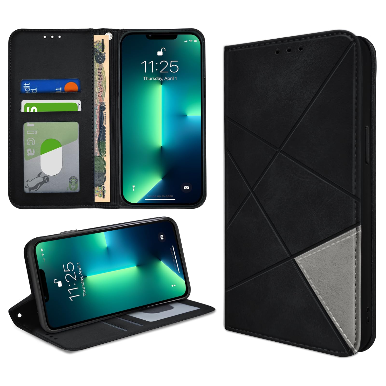 کیف پول چرمی PREMIUM PU برای iPhone 13 ProMax Case با دو محفظه کارت، جلوگیری از شوک، قابلیت Kickstand، مغناطیسی مخفی Adsorption، قابلیت Flip Wallet - مشکی iPhone 13 ProMax مشکی