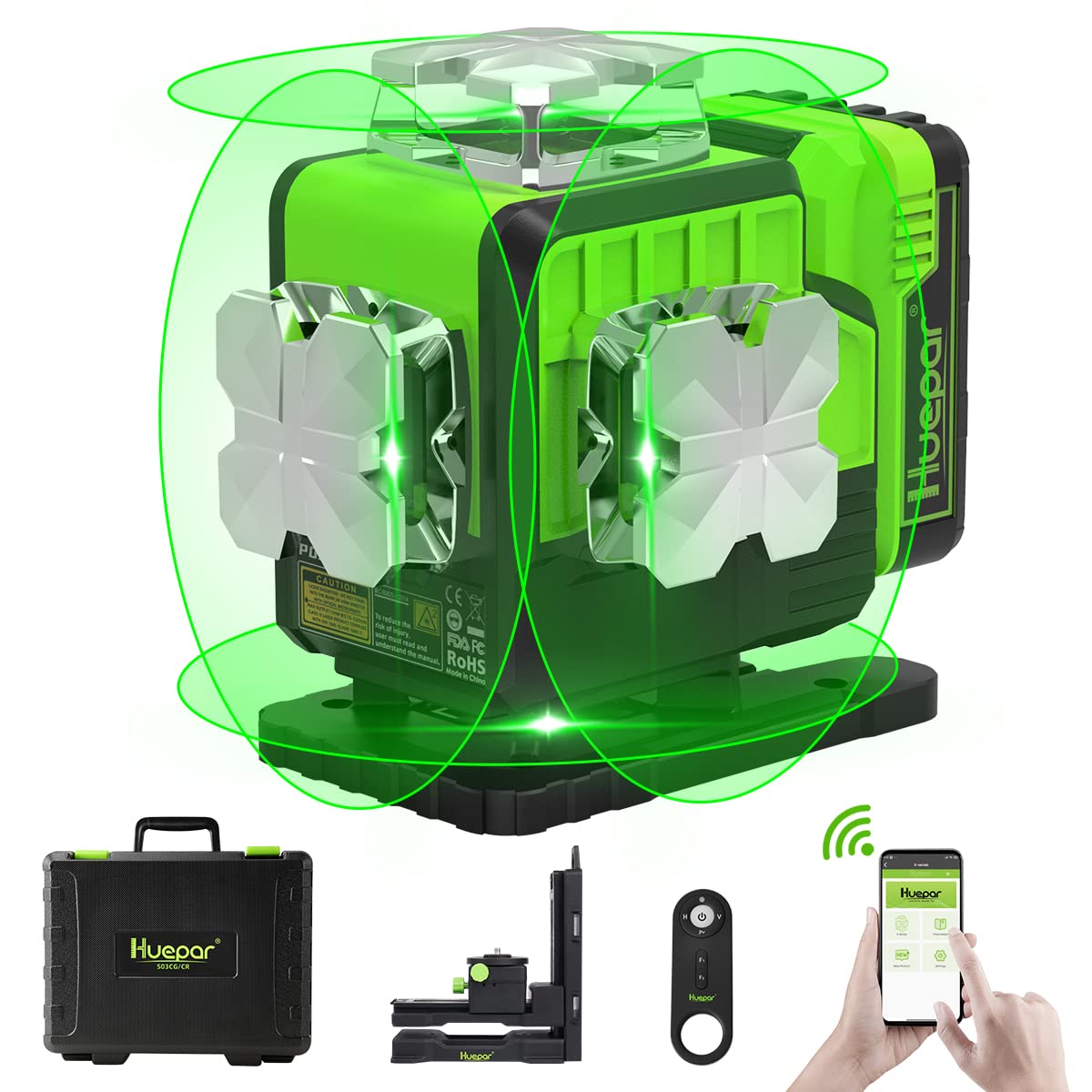 سطح لیزری 4D Huepar با خود تنظیم 4x360° پرتاب نور سبز اسلیت از راه دور - خطوط لیزری افقی و عمودی 360 درجه¸، کنترل از راه دور، باتری Li-ion، کیس سخت، براکت مغناطیسی گلوله ای شامل می‌شود