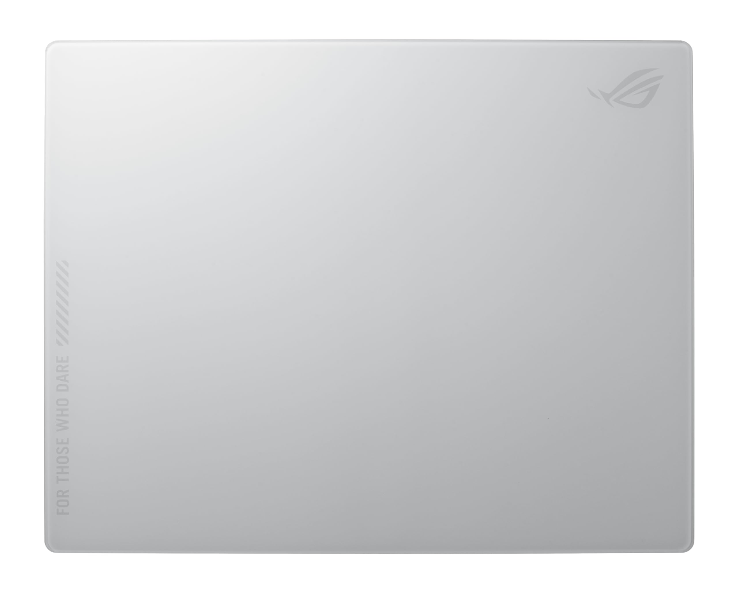 ترجمه می‌شود: صفحه موس گیمینگ شیشه ای ASUS ROG Moonstone Ace L، سطح بسیار نرم، طراحی کاهنده نویز، شیشه 9H، مقاوم در برابر ضربه و خط و خش، پایه سیلیکون ضد لغزش، ابعاد 500 x 400 میلی متر، رنگ سفید ماهتابی
