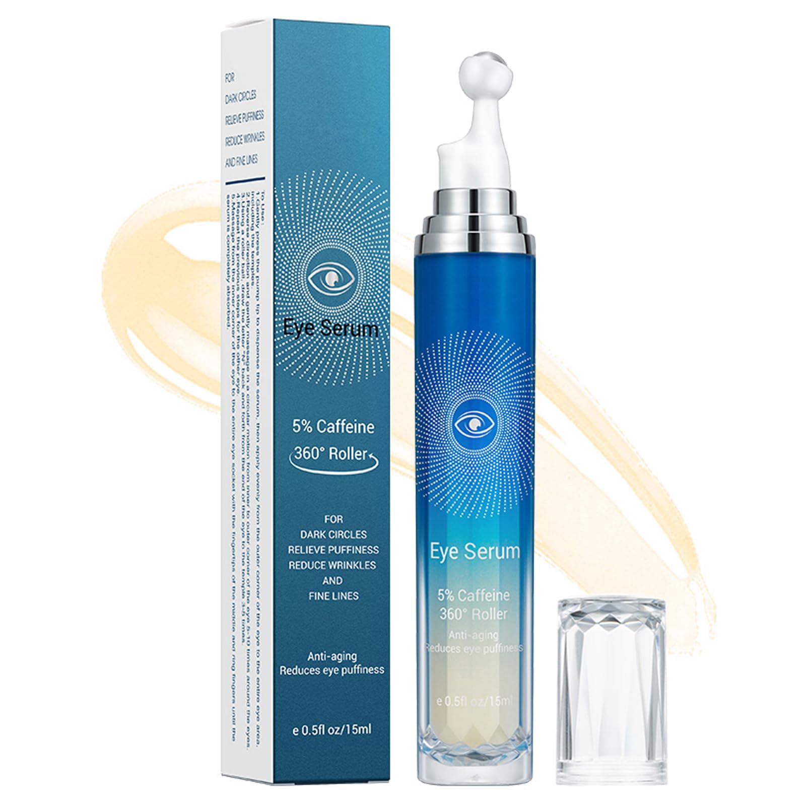 سرم چشم حاوی %5 کافئین FDTY با رولربال ماساژ 360 درجه، کرم چشم حاوی کافئین برای پاکسازی حلقه‌های تیره، چین و چروک، پف و خطوط ریز، کرم رولر چشم زیر چشم برای ترمیم کیسه چشم برای زنان و مردان