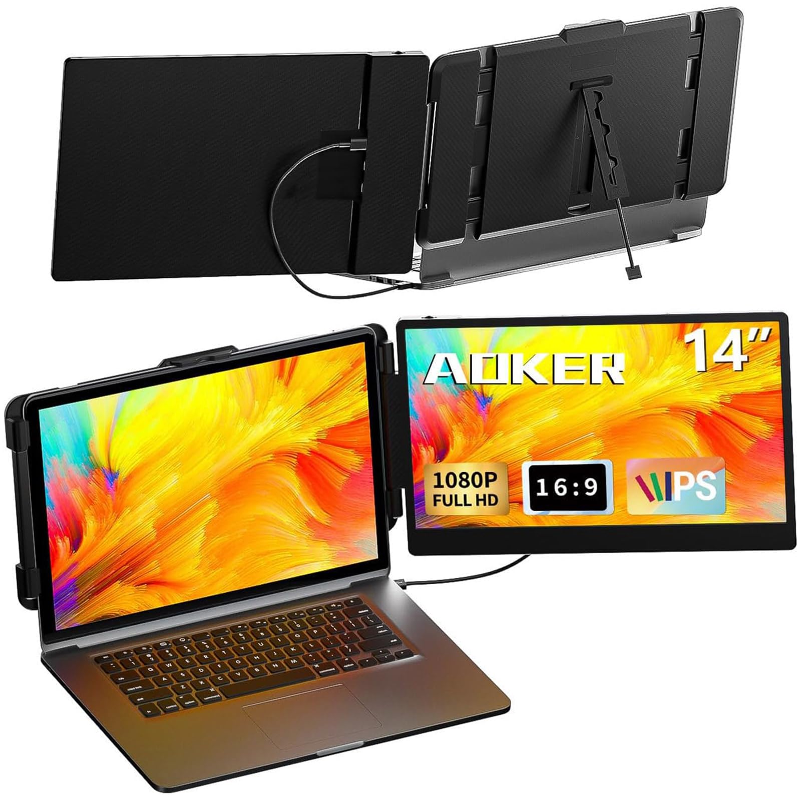 صفحه نمایش قابل حمل AOKER، مانیتور قابل حمل 14 اینچی برای لپ تاپ FHD 1080P IPS دوگانه، مانیتور قابل حمل HDMI/USB-A/USB-C پلاگ اند پلی برای ویندوز، کروم، مک و NS