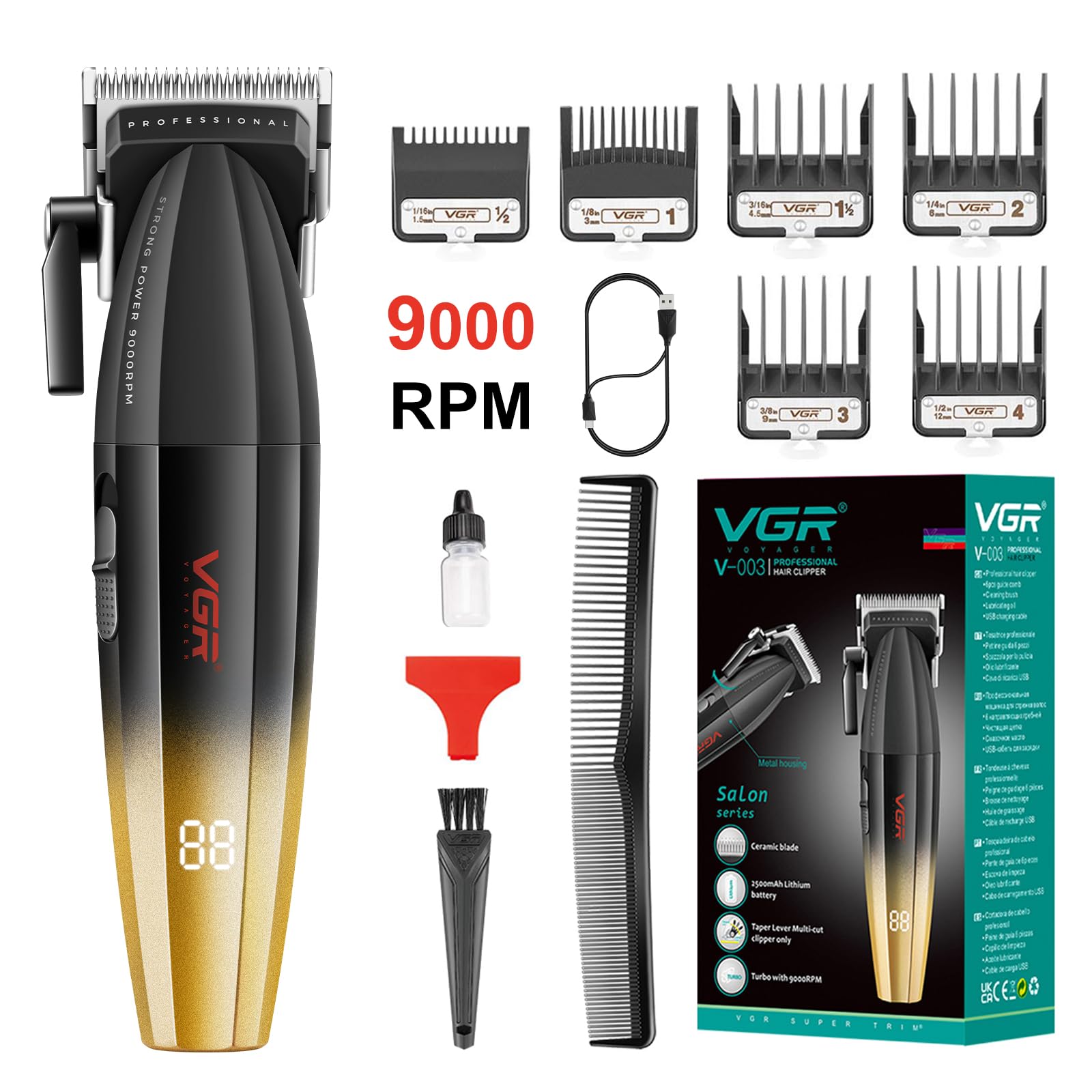 Vgr 003 مدل Fresh Fade Hair Clipper، تراش مو حرفه ای، ابزار تراش موی قابل شارژ با سیم / بی‌سیم دارای صفحه نمایش ال ای دی - رنگ مشکی