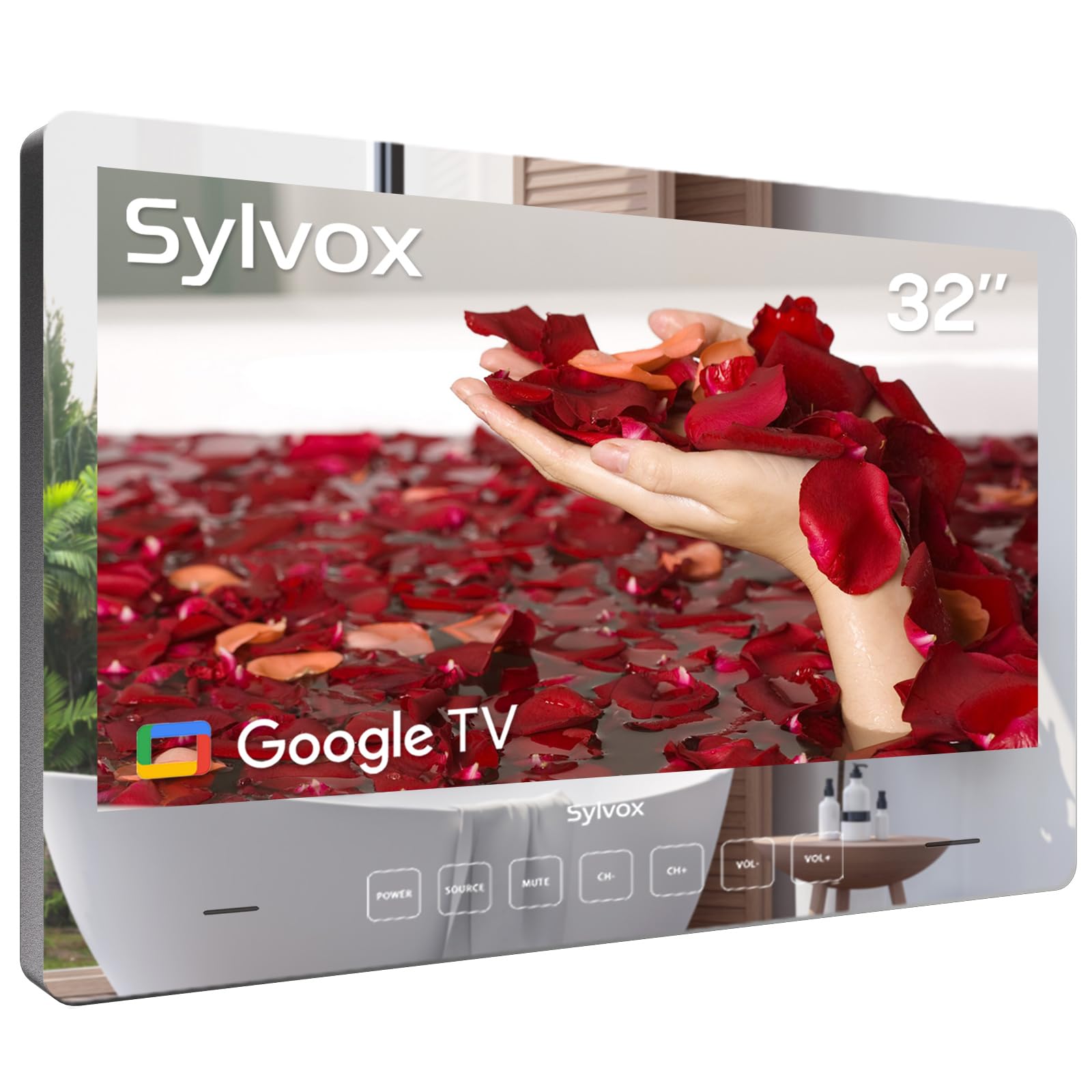 تلویزیون هوشمند SYLVOX 32 اینچ Bathroom Magic Mirror ضدآب LED TV 1080P با روشنایی بالای 500 نیت و دو بلندگوی جلو مناسب برای نصب روی دیوار در حمام ها، هتل ها، سوناها 32 اینچ تلویزیون آینه هوشمند