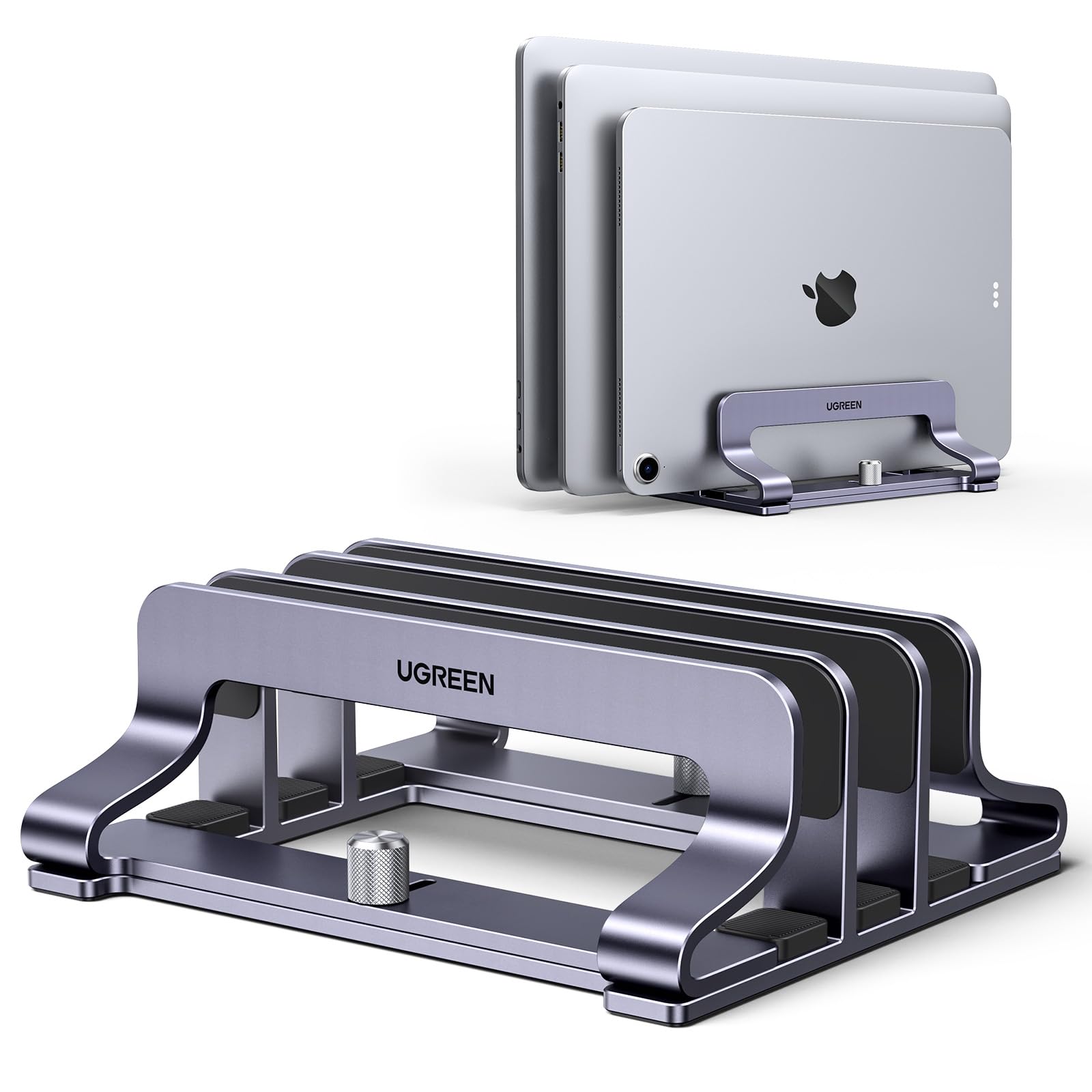 UGREEN Vertical Laptop Holder، نگهدارنده لپ تاپ بهبود یافته با 3 اسلات نگهدارنده لپ تاپ برای میز عمودی، عرض قابل تنظیم نگهدارنده مک بوک و دفتر خاطراتی برای فضای اداری میز کار فضای صرفه جویی مناسب برای همه لپ تاپ ها و تبلت ها تا 15.6 اینچ رنگ نقره ای
