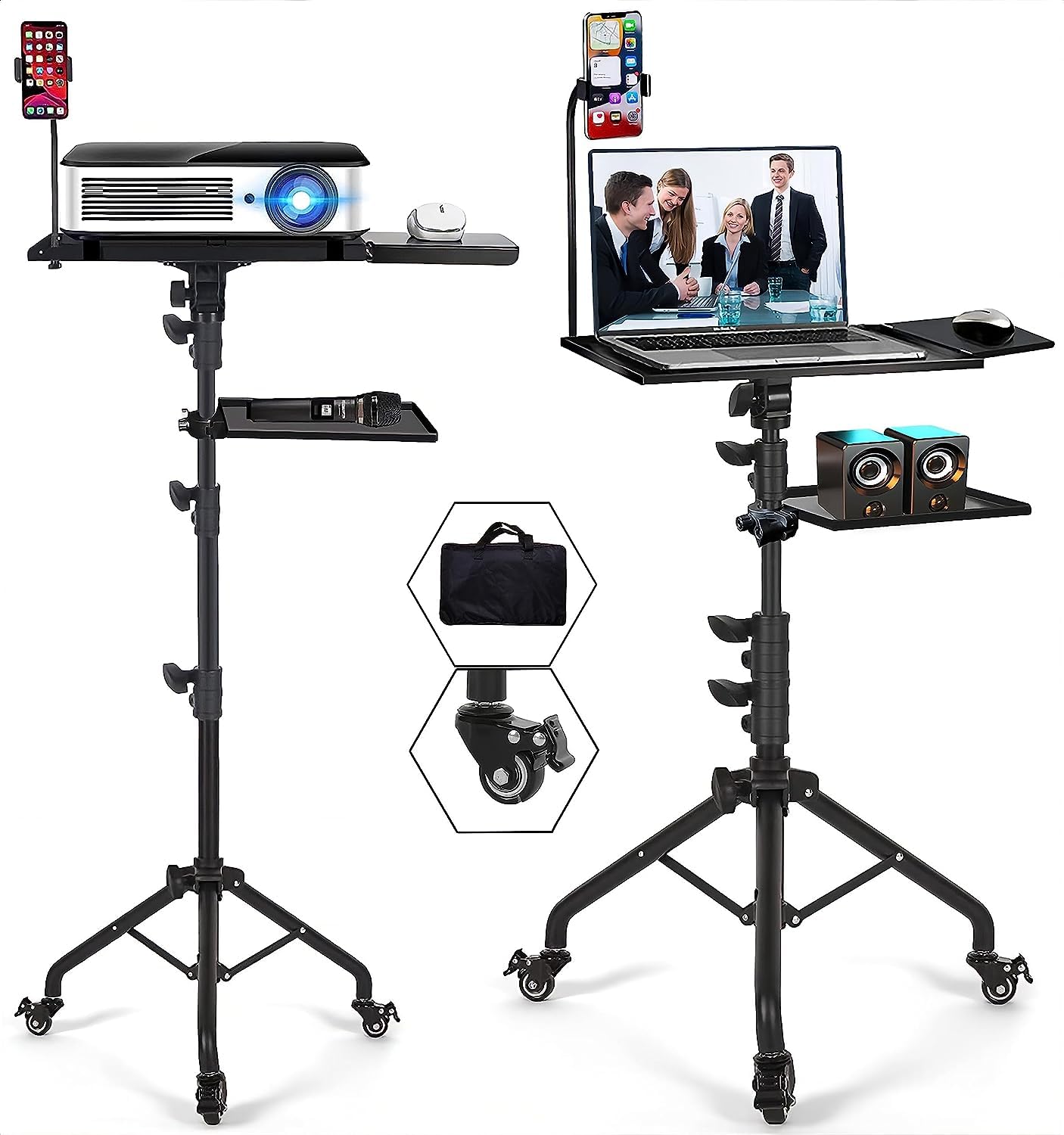 SYAMEET Projector Stand with Wheels,Height Adjustable Laptop Tripod Stand,Rolling Laptop Stand with Mouse Tray,Phone Holder and Storage Tray,Projector Tripod Stand for Office,Studio,Stage.