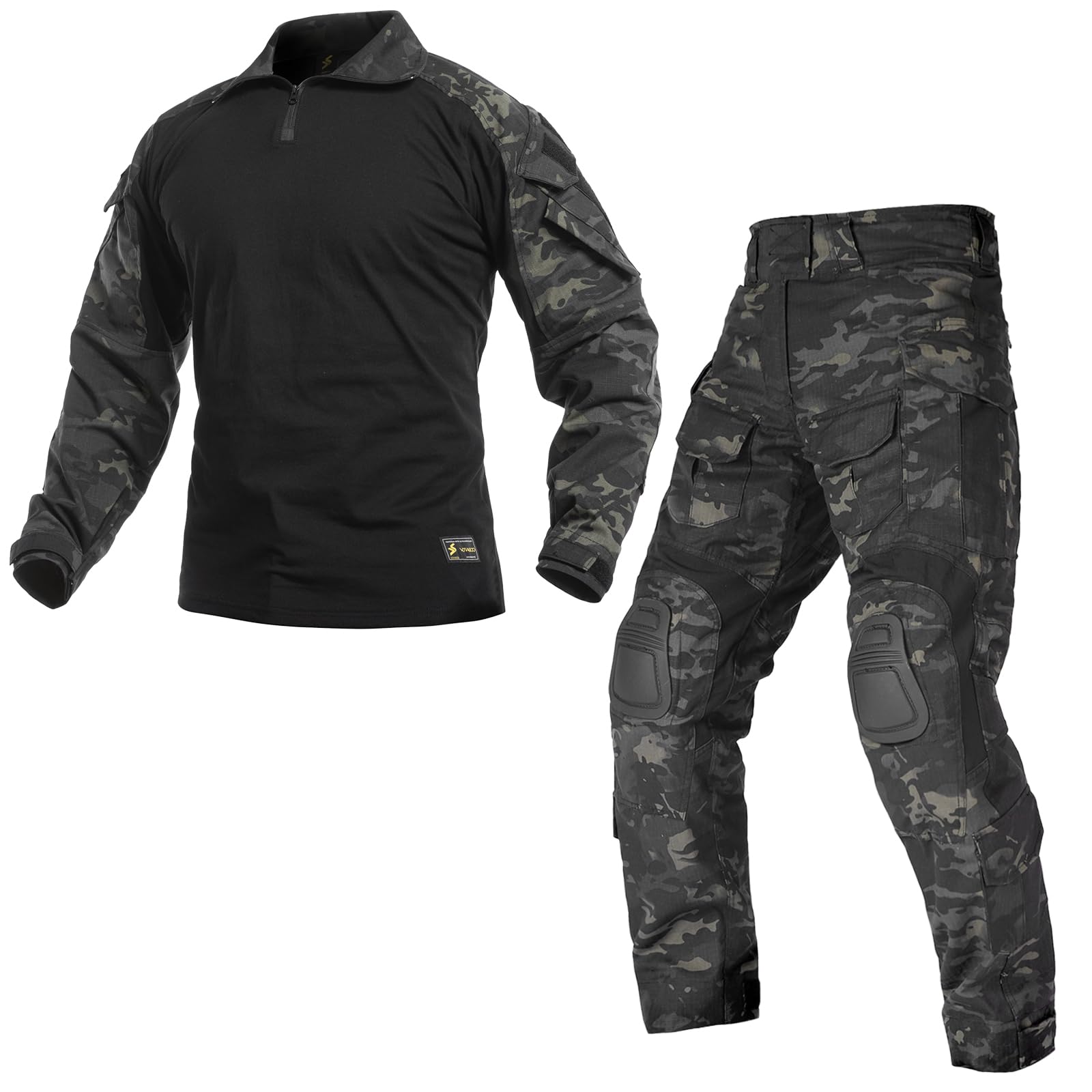 ست لباس جنگی ورزشی VOTAGOO GEAR G3 برای مردان - لباس تاکتیکی کموفلاژ برای شکار و پینت‌بال با زانو و آرنج پد‌ها - رنگ سیاه تیره