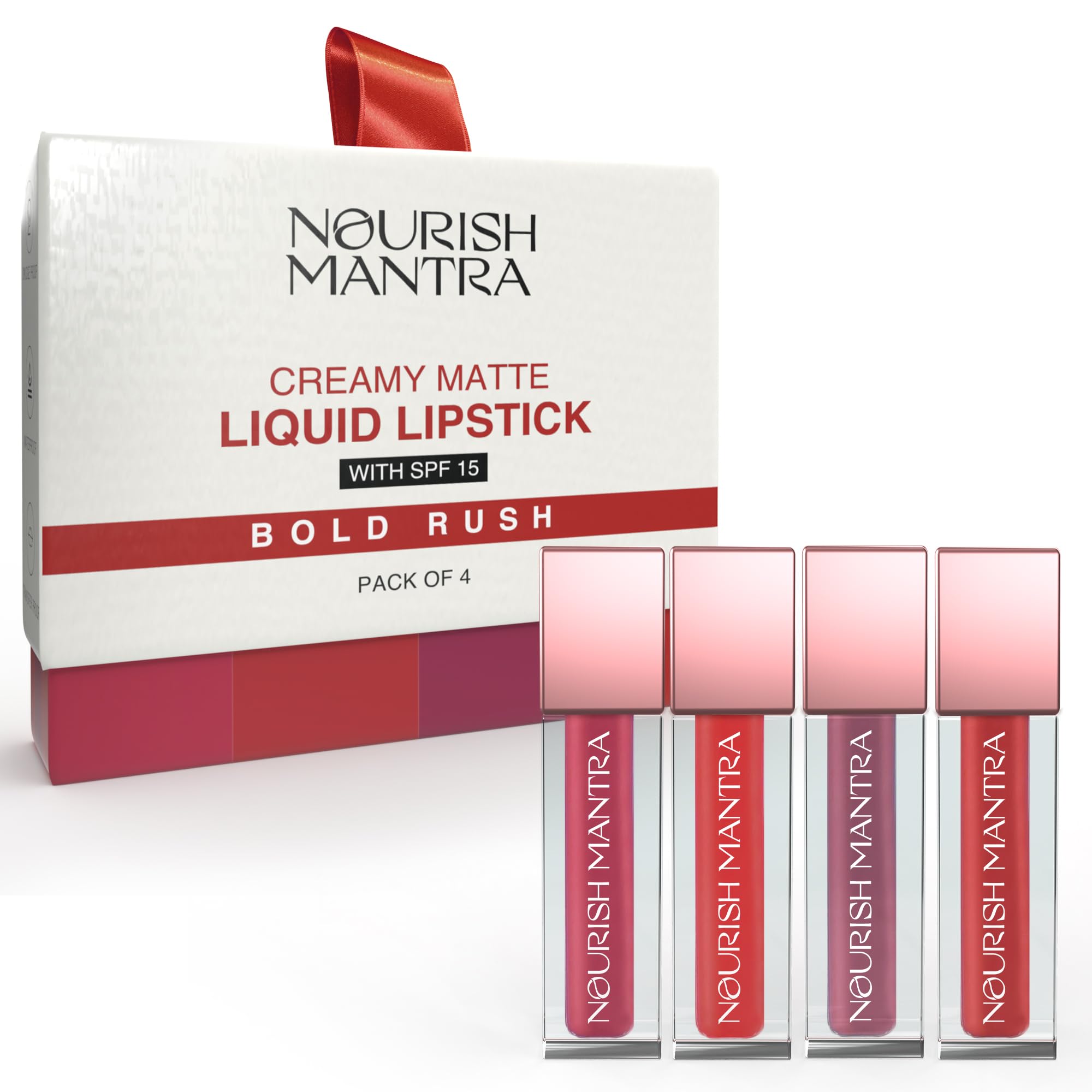 رژ لب مایع مات NOURISH MANTRA با SPF، ضد آب، مقاوم در برابر انتقال، دوام طولانی برای تمام حالات پوستی، مجموعه ۴ عدد (هر عدد ۱.۲ میلی لیتر) ۰.۱۶ فلزاینچ (بسته ۱ عددی) رنگدانه‌های قهوه‌ای جریان متمایل و چگونه و رنگدانه‌های قهوه‌ای جریان متمایل و چگونه ۰.۱۶ فلزاینچ (بسته ۱ عددی)
