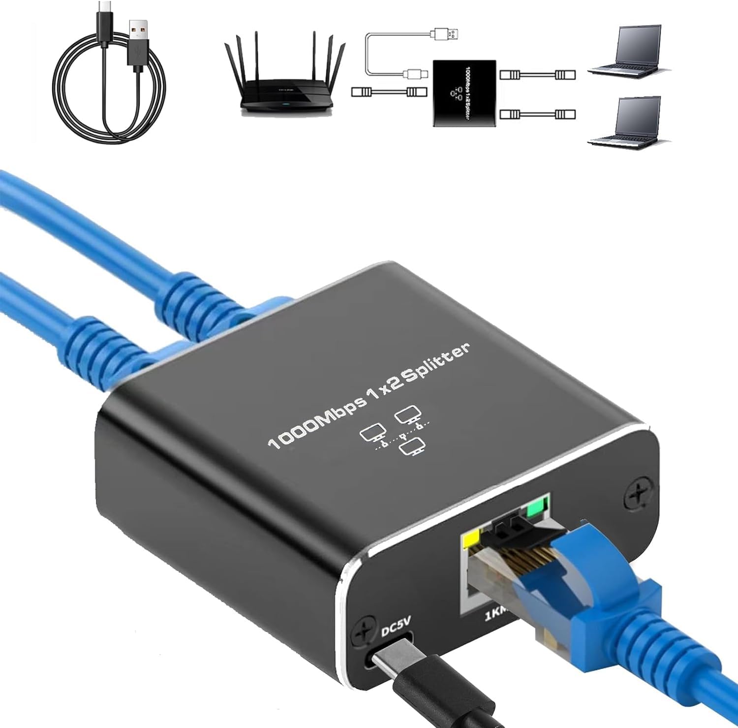 تقسیم‌کننده اترنت با سرعت بالا ۱ به ۲، RJ45 ۱۰۰۰Mbps تقسیم‌کننده اترنت (دو دستگاه از شبکه‌های همزمان)، تقسیم‌کننده LAN گیگابیتی با کابل برق USB، تقسیم‌کننده اینترنت هر دو شبکه برای Cat7/Cat6/Cat5e