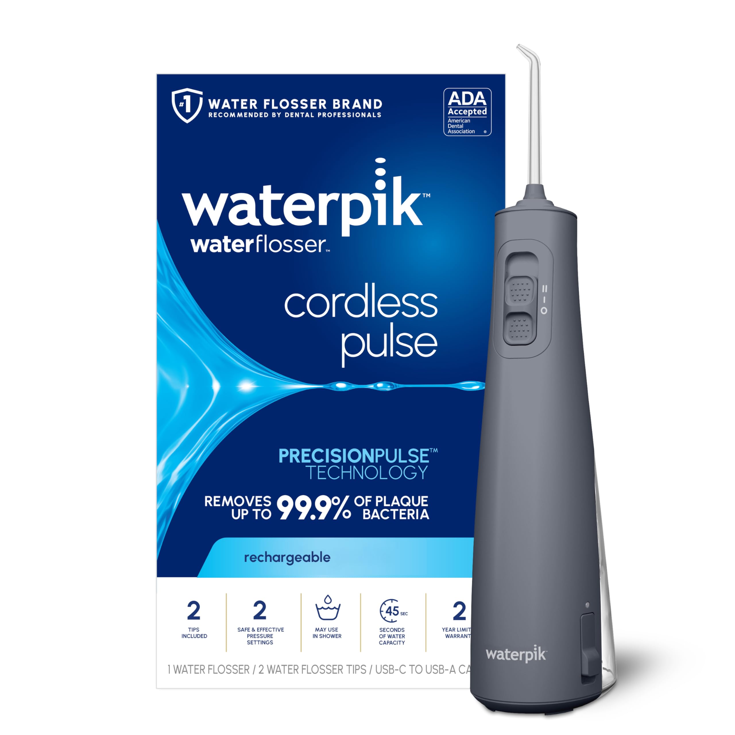 Waterpik، دنده‌های بی‌سیم قابل شارژ ایمپالس پرتابل برای دندان‌ها، لثه‌ها، مراقبت از بریس‌ها و سفر با 2 نکته فلاسک، ضدآب، پذیرفته شده توسط ADA، WF-20 خاکستری، بسته‌بندی ممکن است متغیر باشد. فلاسک خاکستری