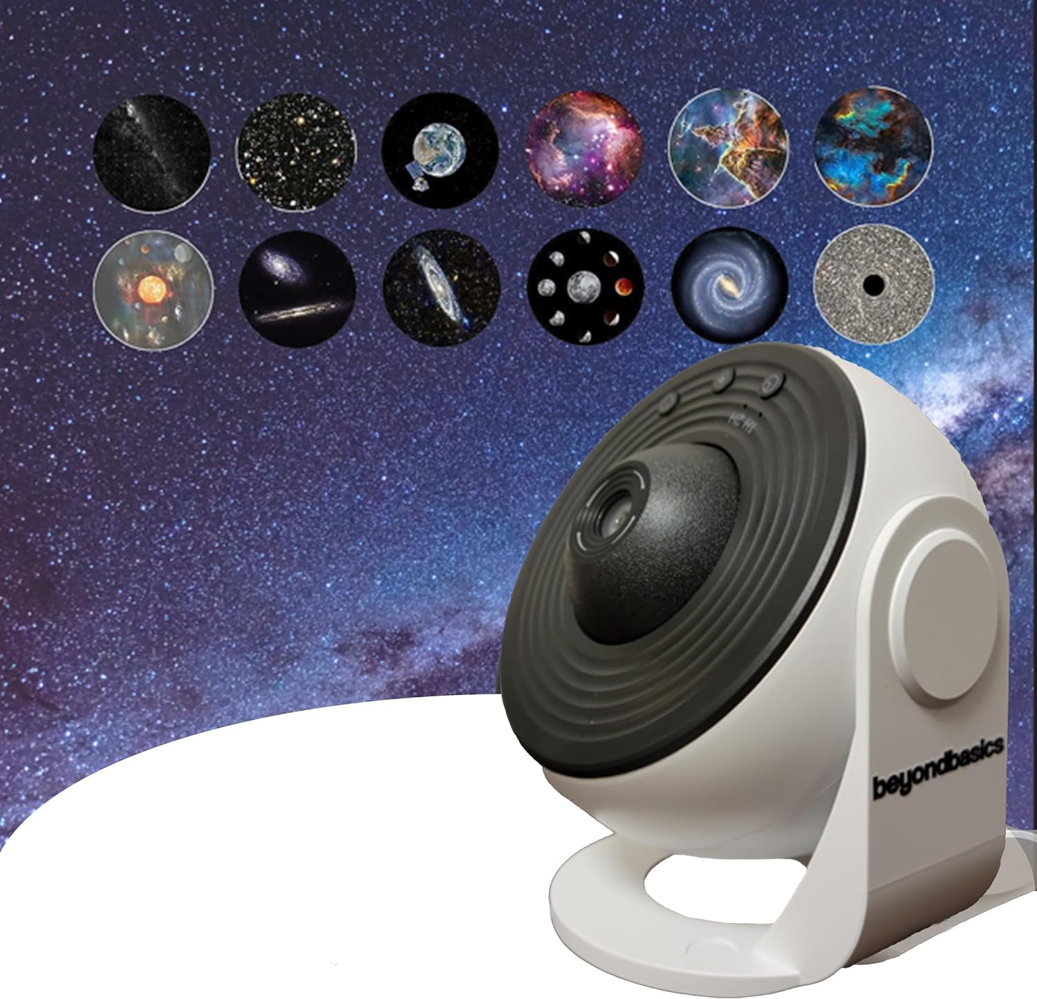 Beyond Basics Galaxy Projector Light - 360° قابل تنظیم ، 4K قابل تعویض 12 دیسک - Home Planetarium - Aesthetic LED Projector - ستاره ای LED Projector - Starry بروجیکتور هدیه تولد ایده‌آل - Planet Presentation برای کودکان.