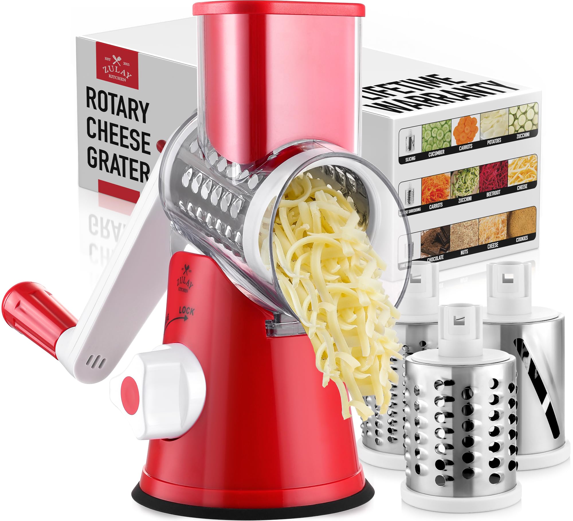 آسیاب پنیری چرخان Zulay Kitchen با جاذبیت، تقویت شده - آسیاب پنیر دایره ای با 3 تیغه برش استیل متعوب - استفاده و تمیز کردن آسان - برش سبزیجات - آبنبات شیک قرمز