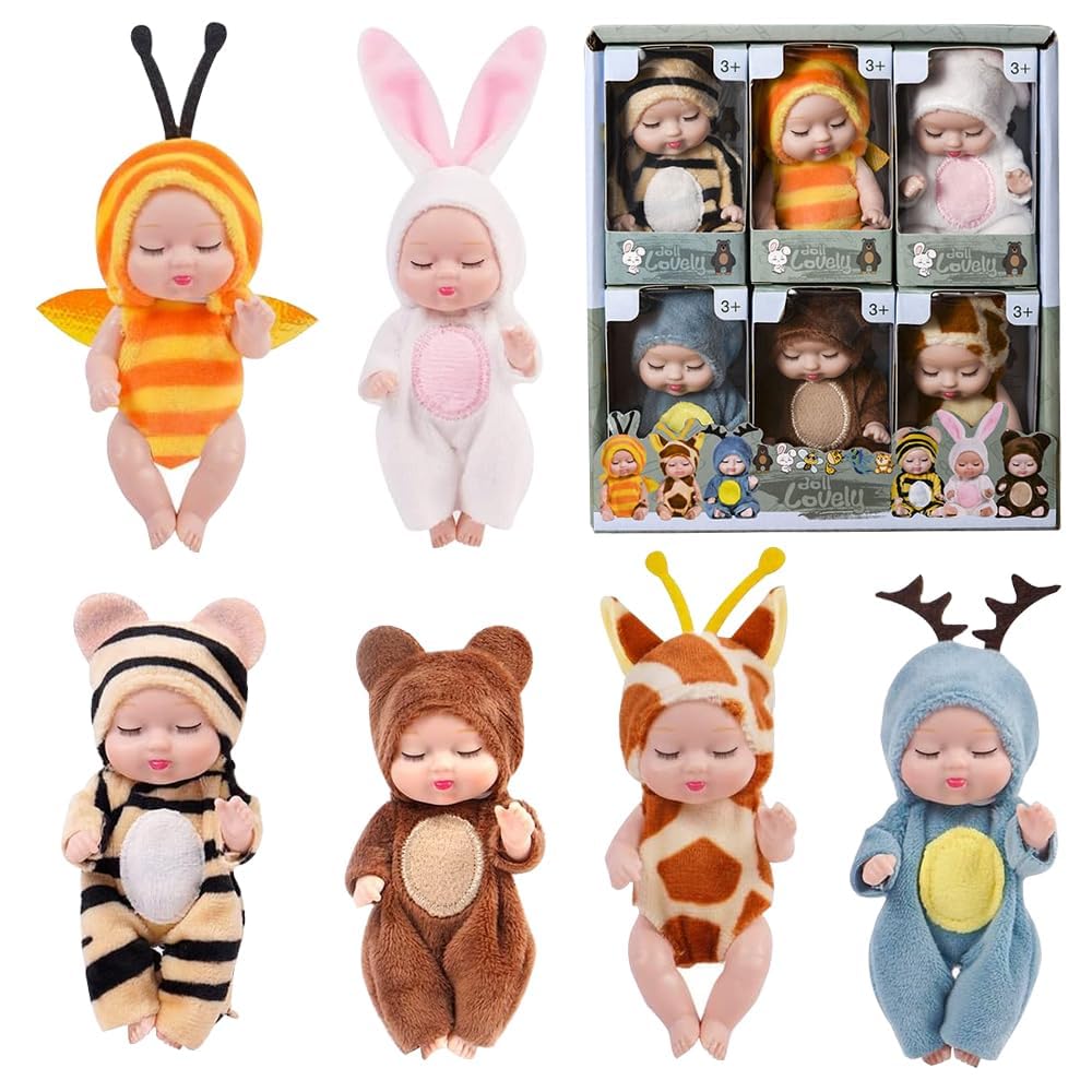 عروسک های کسب و کار KOWVOWZ Mini Reborn، عروسک های کوچک 4.3 اینچی، عروسک های خوابیده تولد مجدد و اسباب بازی عروسک بچه های واقعی با لباس های جالب حیوان برای دختران پسران کودکان (6 عدد)
