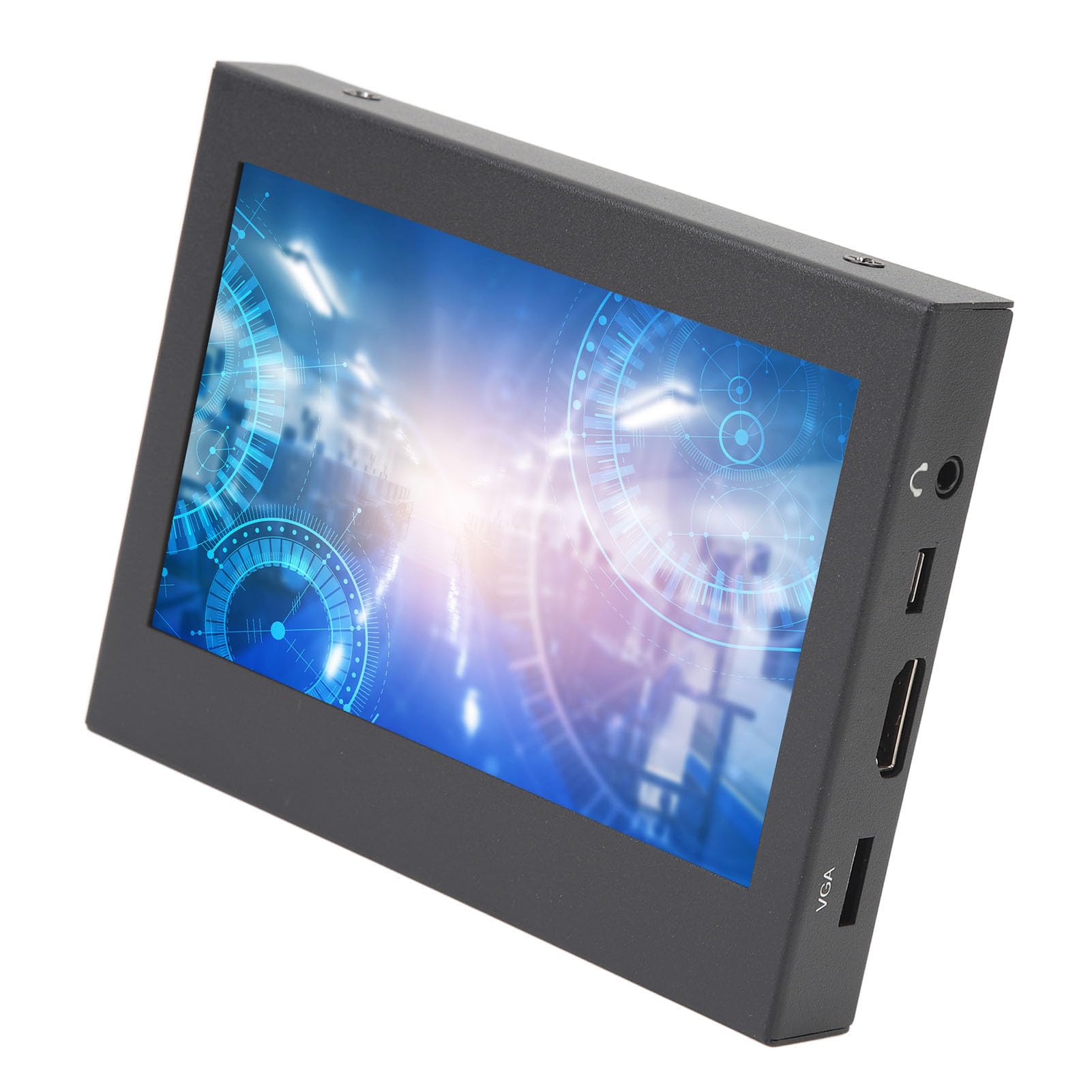 مانیتور قابل حمل BusoTh 5 اینچ، با رزولوشن 800x480، مناسب برای کامپیوترهای بازی و لپ‌تاپ‌ها، با ورودی‌های VGA و HDMI، پلاگ اند پلی.
