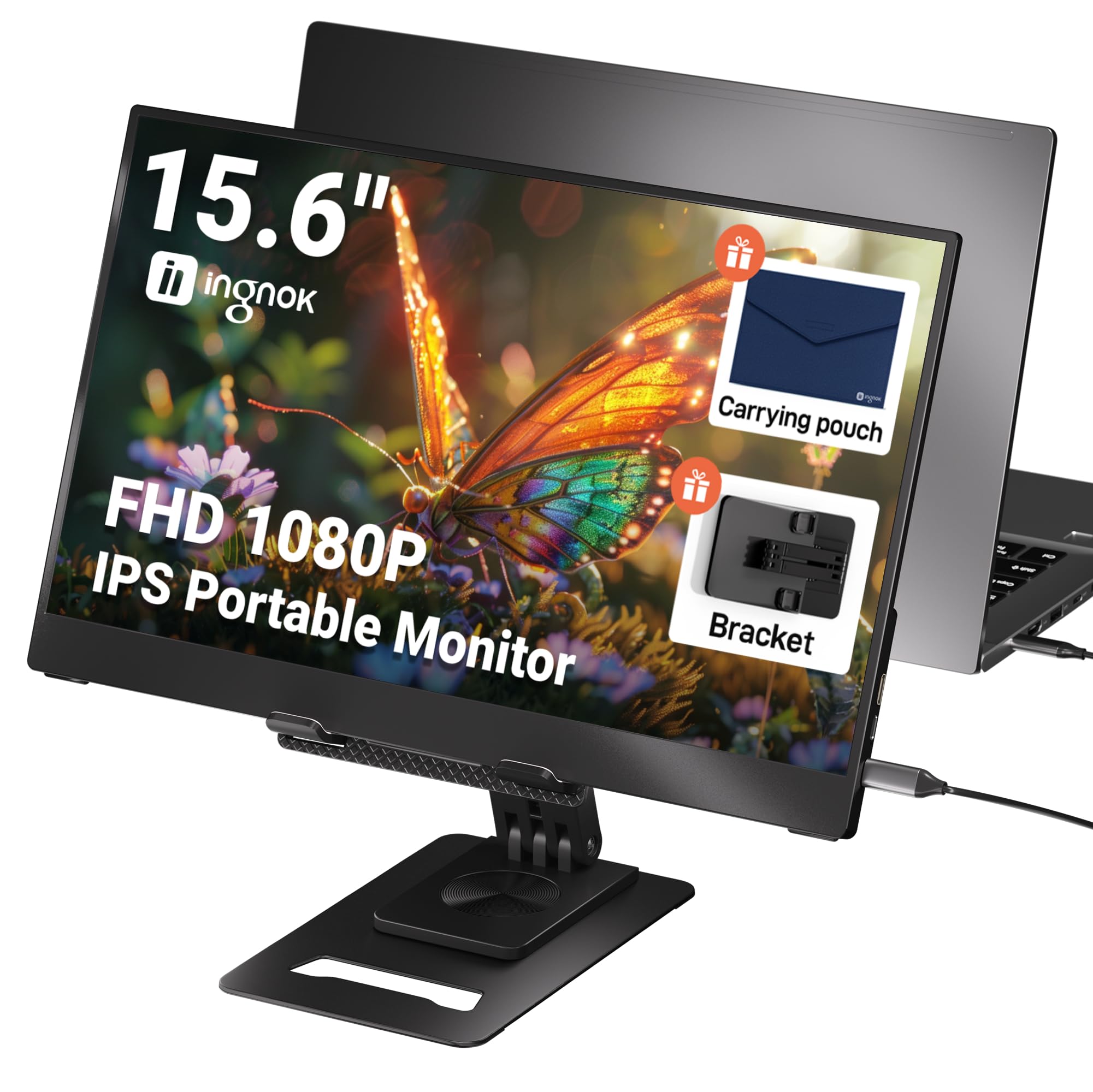 صفحه نمایش قابل حمل Ingnok OLKIEQZ ، 15.6" FHD 1080P IPS با کانتراست 1200:1، پورت USB C HDMI و ایستگاه قابل تنظیم، ایستگاه US-Bracket Port