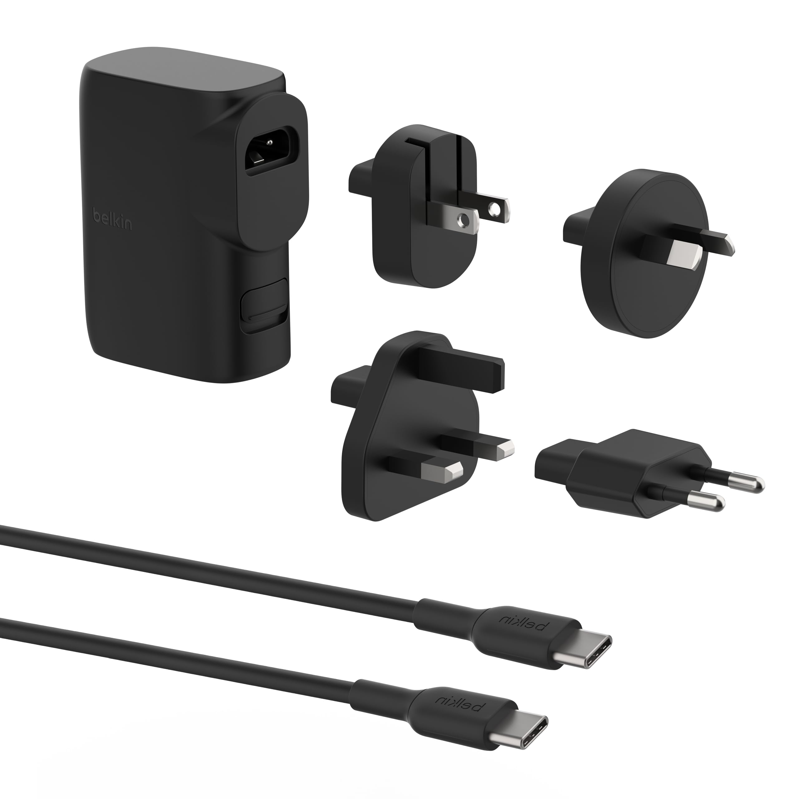 بلکین BoostCharge Hybrid Wall Charger 25W + Power Bank 5000mAh، شارژر قابل حمل 2 در 1 با پورت USB-C PD3.0 و پورت USB-A، باتری دو پورتی، شارژر USB-C، پلاگ USB + کابل USB-C به USB-C