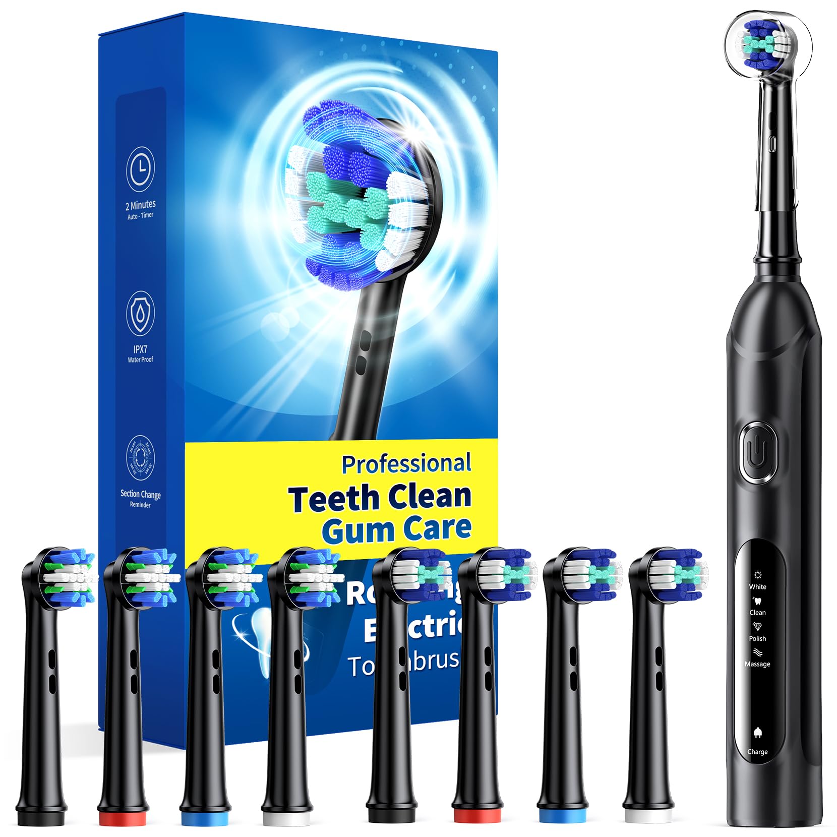 Rotating Electric Toothbrush for Adults with 8 Brush Heads (2 Types), 4 Modes Deep Clean Electric Toothbrush with Rechargeable Power and 2 Min Smart Timer standard Z Midnight
