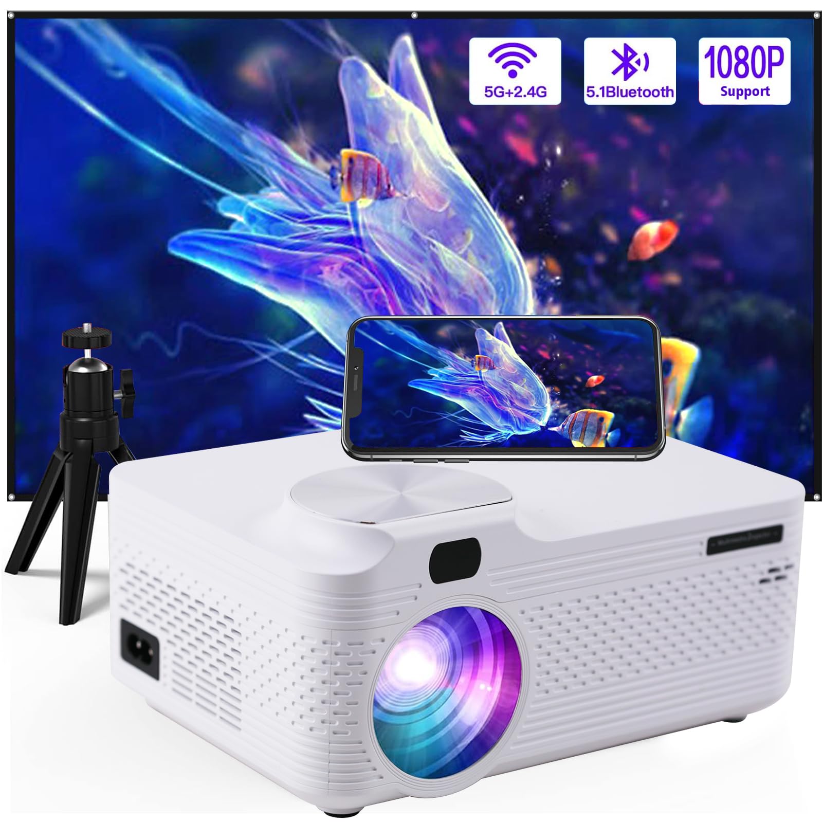 پروژکتور قابل حمل با پشتیبانی از 1080P، با WiFi 5G و بلوتوث، مجهز به افکت های HiFi، پشتیبانی از نمایش 200 اینچ و اصلاح چهار زاویه، همراه با سه پایه و صفحه نمایش برای TV Stick/HDMI/USB/گوشی هوشمند رنگ سفید