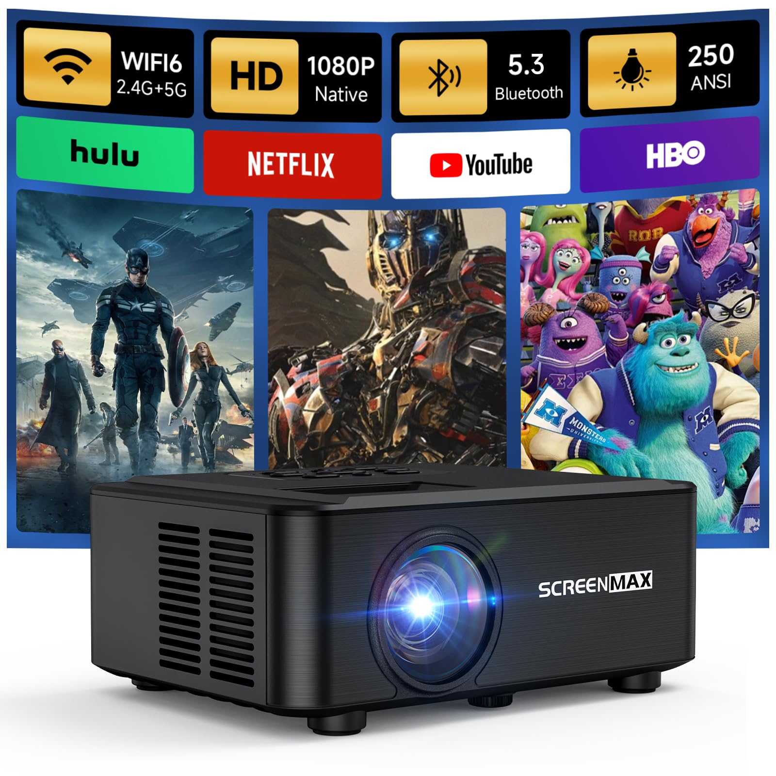 پروژکتور SCREENMAX، پروژکتور 1080P NATIVE با وای فای و بلوتوث، پروژکتور قابل حمل 450 ANSI 2024 برای استفاده خارج از منزل، پروژکتور ویدئویی خانگی سازگار با آیفون / اندروید / تی وی استیک