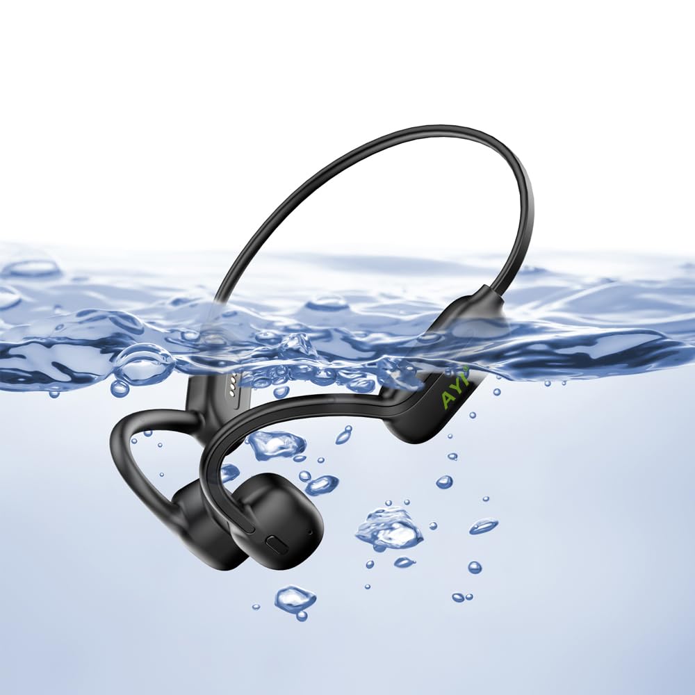 هدفون شنا AYI True Bone Conduction با گوشی باز MP3 Player با حافظه 32 گیگابایت داخلی، ضدآب تا عمق 68 متر IP68، هدست بلوتوث ضدآب برای رانندگی، دوچرخه سواری، دویدن و اسکی - مشکی