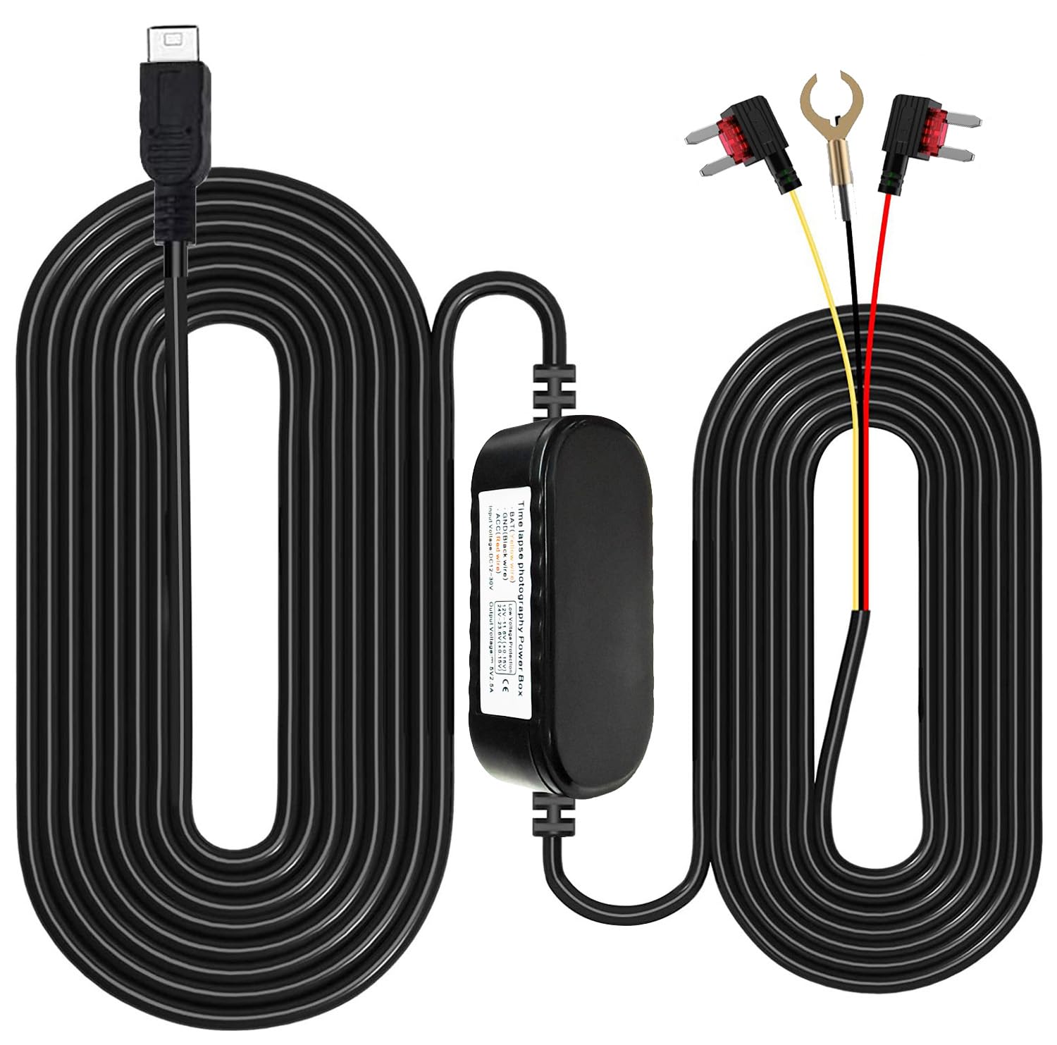 مجموعه دوربین خودروی سیم‌کشی شده با پورت USB میکرو برای نظارت پارکینگ ۲۴ ساعته، تبدیل ۱۲ ولت تا ۲۴ ولت به ۵ ولت / ۲.۵ آمپر، شارژر دوربین خودرو، مجموعه کابل ۳۲۰ سانتیمتری، محافظت از ولتاژ پایین به کمک سیم‌کشی میکرو ۳ سیمی