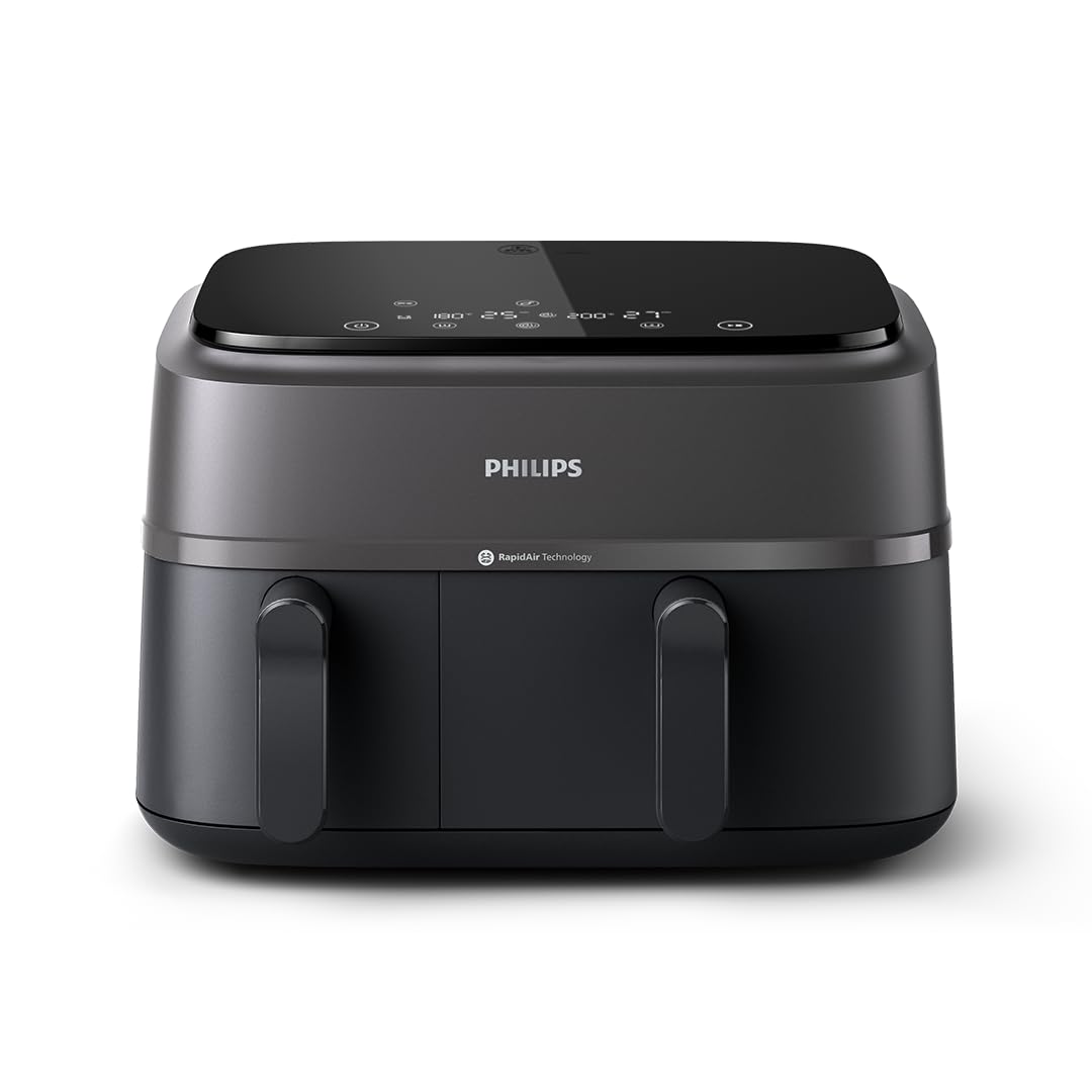 فریزر هوای دو سبدی Philips سری ۳۰۰۰ - ۲۷۵۰ وات، ظرفیت ۹ لیتری، ۲ در اسلایدر سبد، ۸ تنظیمات پیش فرض لمسی، رنگ مشکی - NA350/00