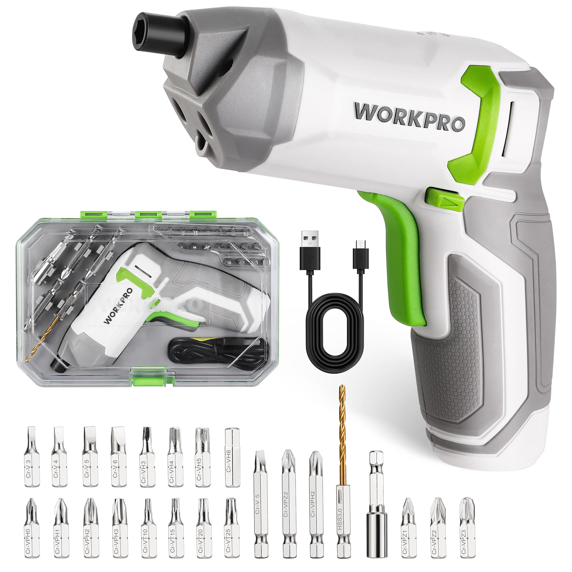 مجموعه مته‌گذار برقی بی‌سیم WORKPRO قدرتمند 3.6 ولت با موتور 7Nm با سرعت 240 دور در دقیقه و گشتاور بالا | دستگاه پیچ‌گوشتی الکتریکی منحصر به فرد با 24 قطعه بیت | مناسب برای پروژه‌های DIY و تعمیرات خانگی (رنگ سفید)