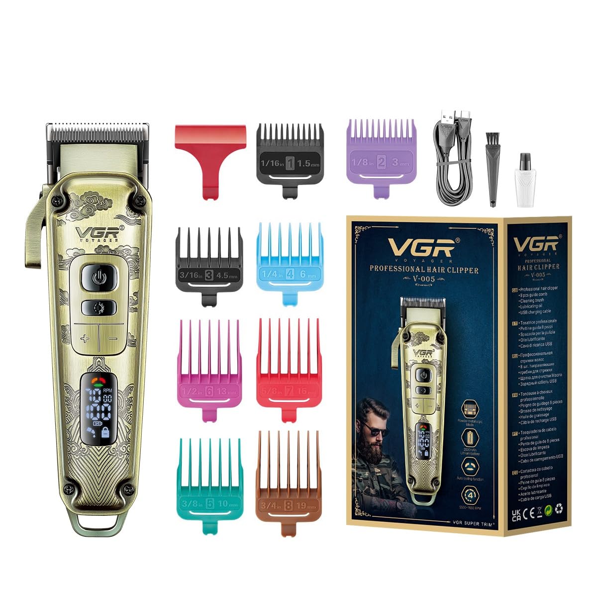 وی جی آر کلیپر مو با بدنه‌ی فلزی PREMIUM، نمایشگر LED، تیغه پودر متالورژیک با سرعت 5500-7000 دور در دقیقه، موتور 4 سرعته، دکمه تست خودکار، شارژ USB، دارای کنترل تنظیم طول برش قابل تنظیم، 8 نوع مراهن راهنما، زمان کارکرد 250 دقیقه، طلایی V-005