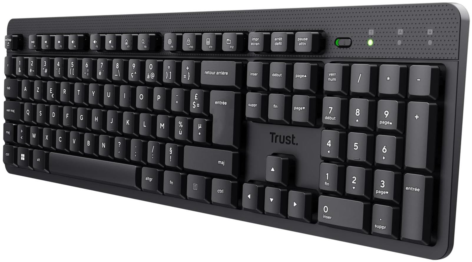 تایپ Trust ODY II Silent با صفحه کلید فرانسوی AZERTY بی‌سیم، کلید‌های شکاف دار شناور، مقاوم در برابر جوش‌آب، گیرنده USB RF 2.4GHz، صفحه کلید برای کامپیوتر، لپتاپ، مک – مشکی