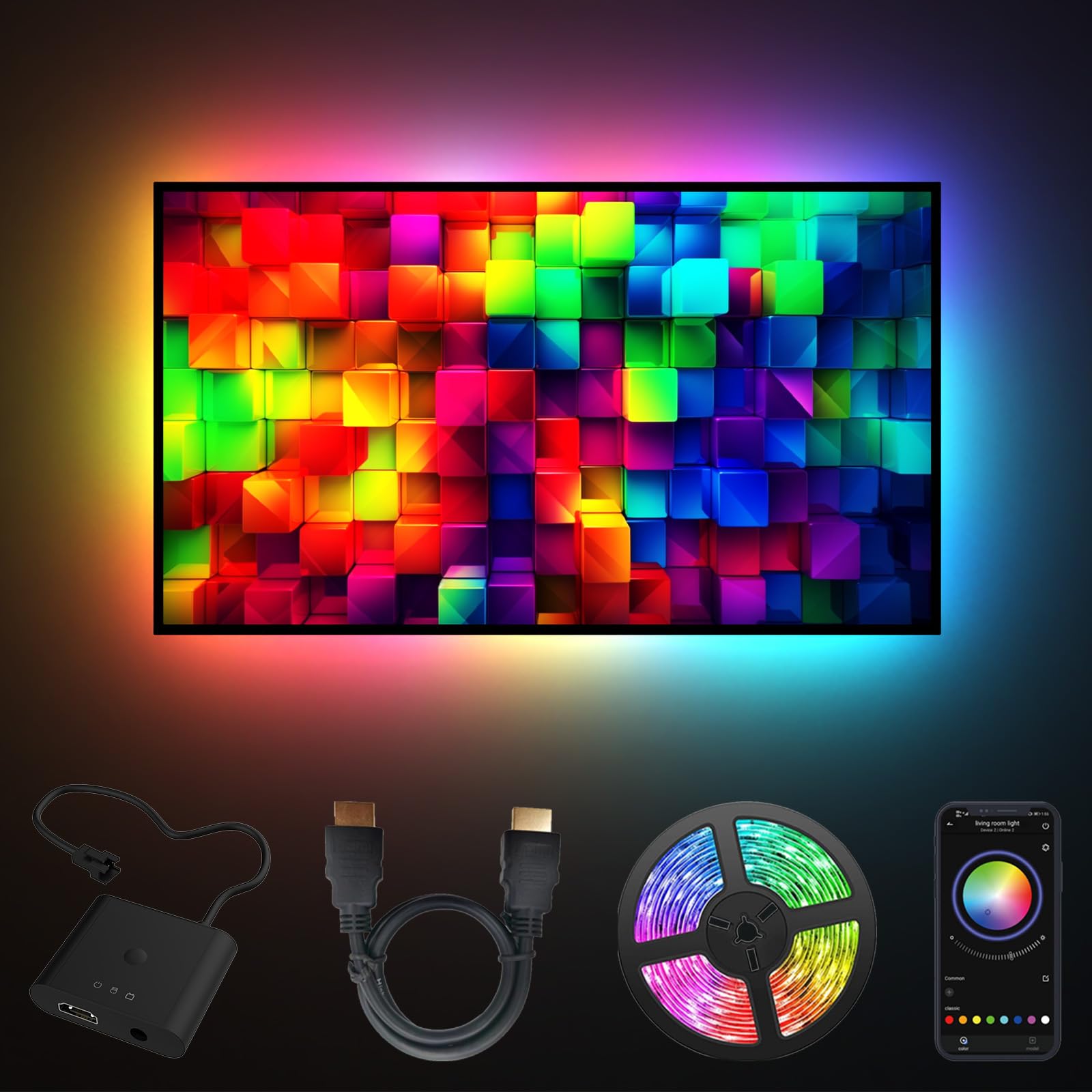 تلویزیون نئونازها با نور پس‌زمینه، باکس همگام‌ساز HDMI 1.4 4k30Hz، چراغ‌هایی که با تصویر همگام هستند، تطابق با ریتم صدا، لوازم جانبی برای بازی، مناسب برای صفحه‌های 50-70 اینچی،