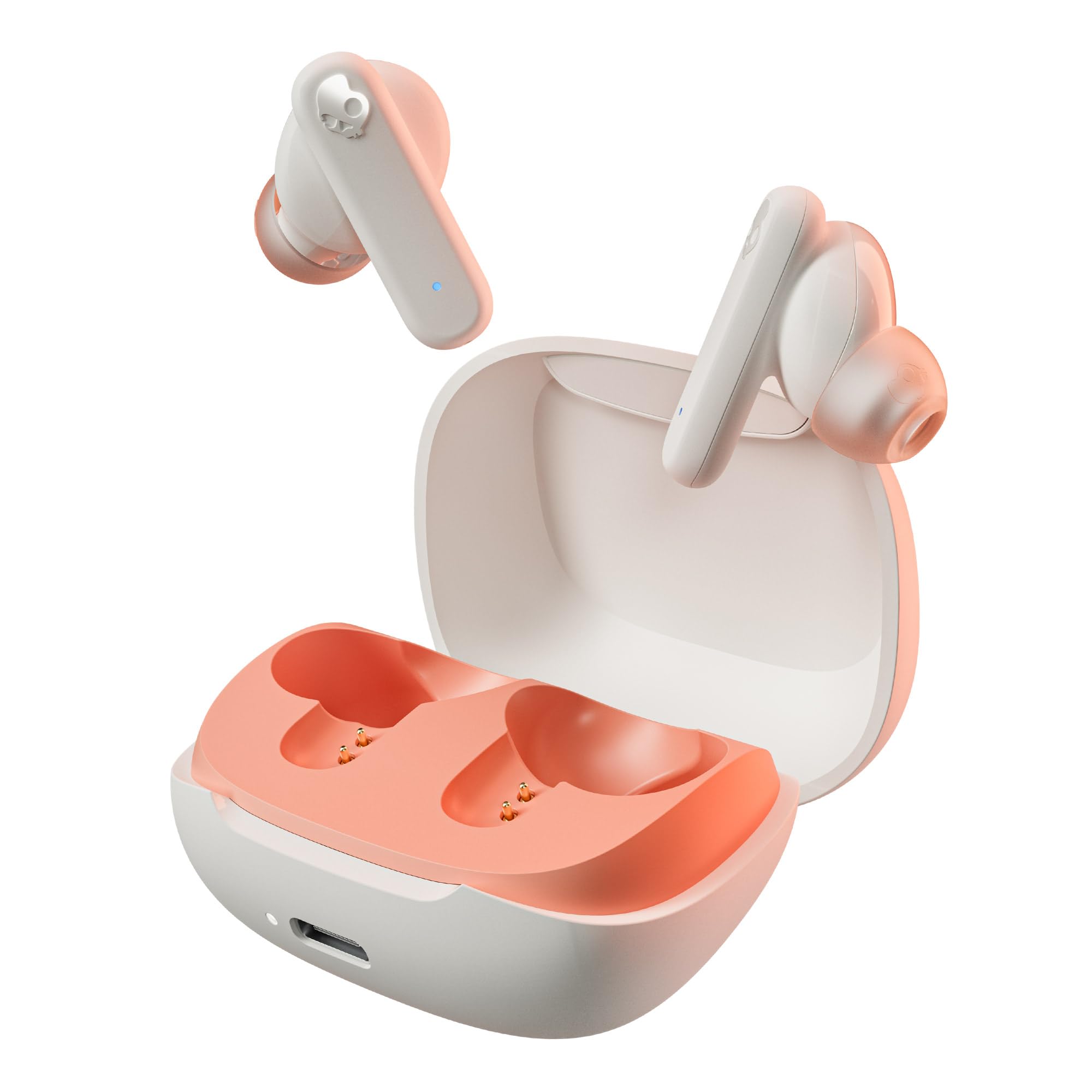 هدفون درون‌گوشی بی‌سیم Skullcandy Smokin' Buds، 20 ساعت زمان کارکرد، 50٪ پلاستیک قابل تجدید، میکروفون، سازگار با آیفون، اندروید و دستگاه‌های بلوتوث - رنگ استخوانی/نارنجی درخشان
