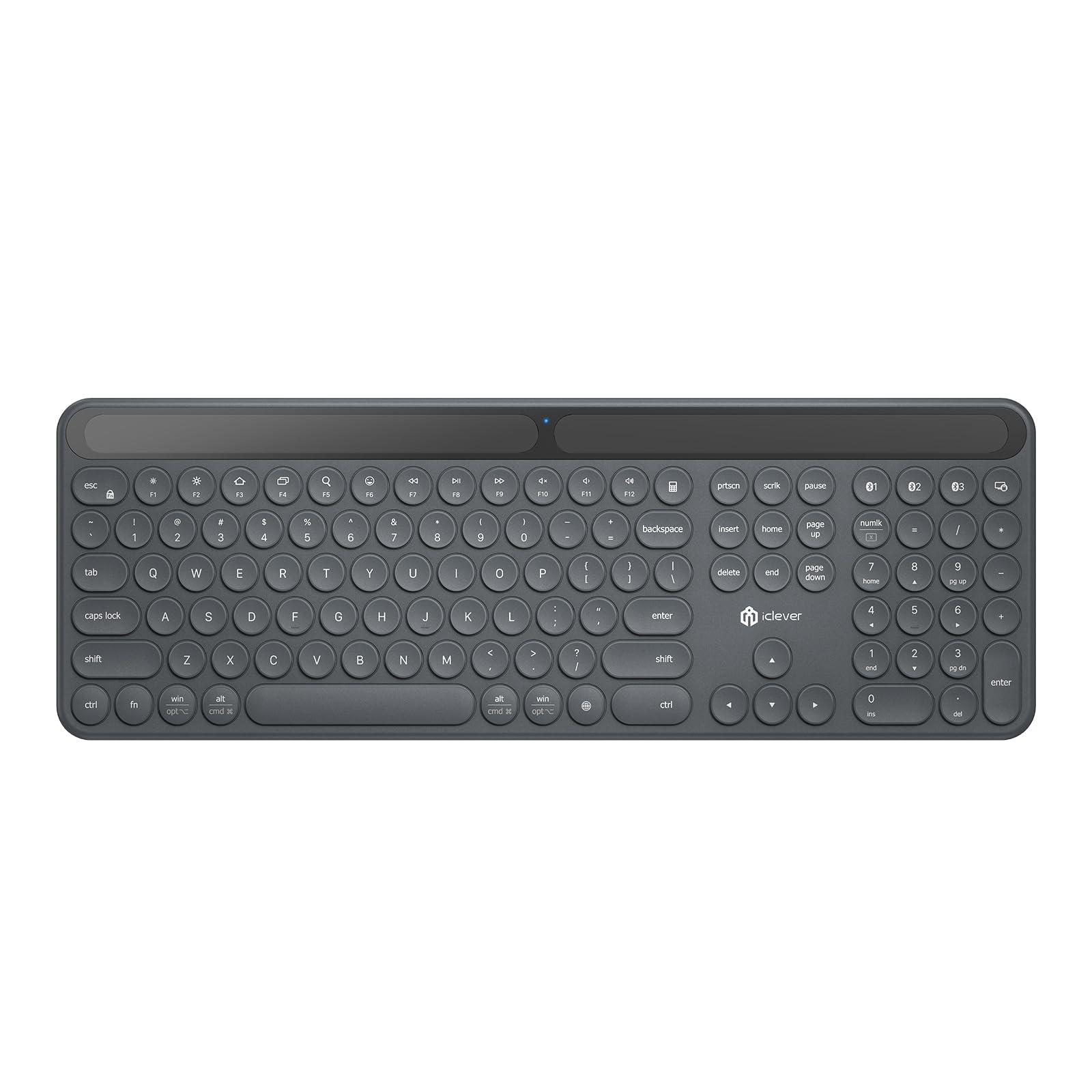 صفحه کلید بلوتوث خورشیدی iClever BK60، صفحه کلید بی‌سیم با شار گرفتن از نور خورشید و نور داخلی، اندازه کامل، اتصال به ۳ دستگاه، کلیدهای گرد صامت اسچار، پد عددی برای استفاده در دفترکار/خانه/مک/ویندوز