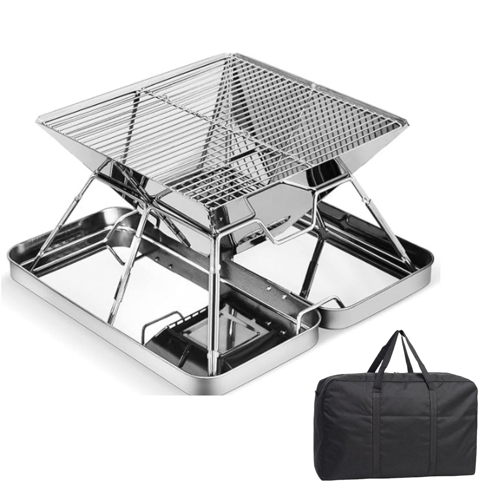 ROUNY Portable Folding Charcoal Grill، Folding Stainless Steel Camping Fire Pit، Backpacking Grill for Outdoor Cooking Hiking Camping Picnics with Carrying Bag - Silver