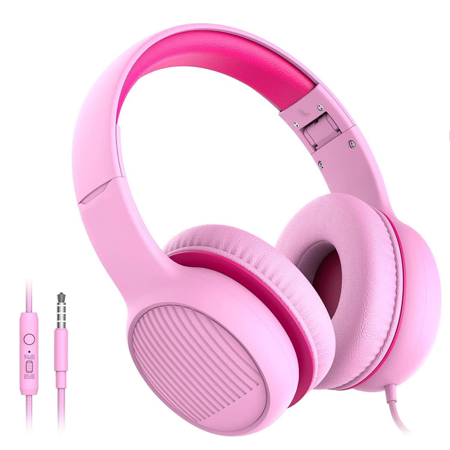 هدفون کودکان Masroo با محدودیت صدا به 85dB / 94dB، میکروفون HD در خط، اشتراک صدا، هدفون قابل تاشو کودک، قابل تنظیم، هدفون کودکانی برای سفر مدرسه (صورتی)